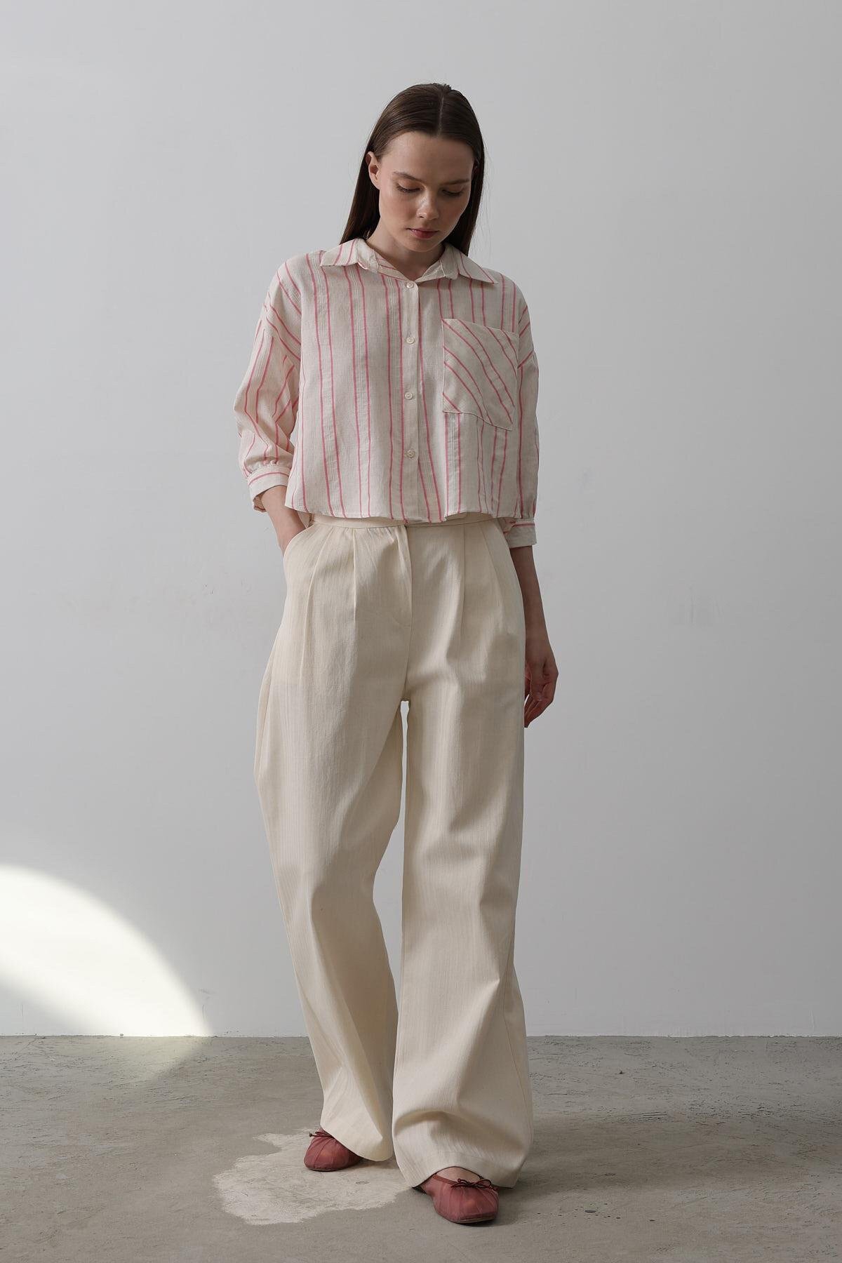 Krem Çift Pileli Palazzo Pantolon