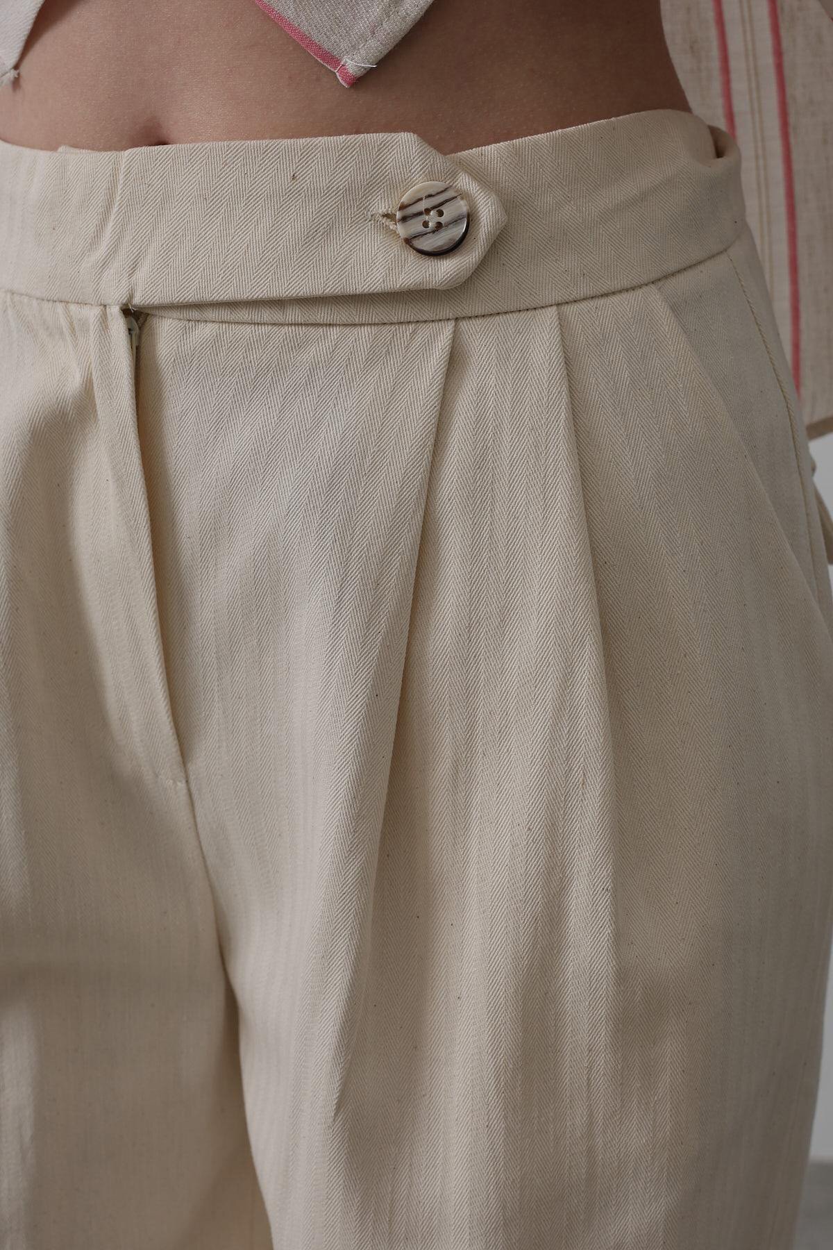 Krem Çift Pileli Palazzo Pantolon