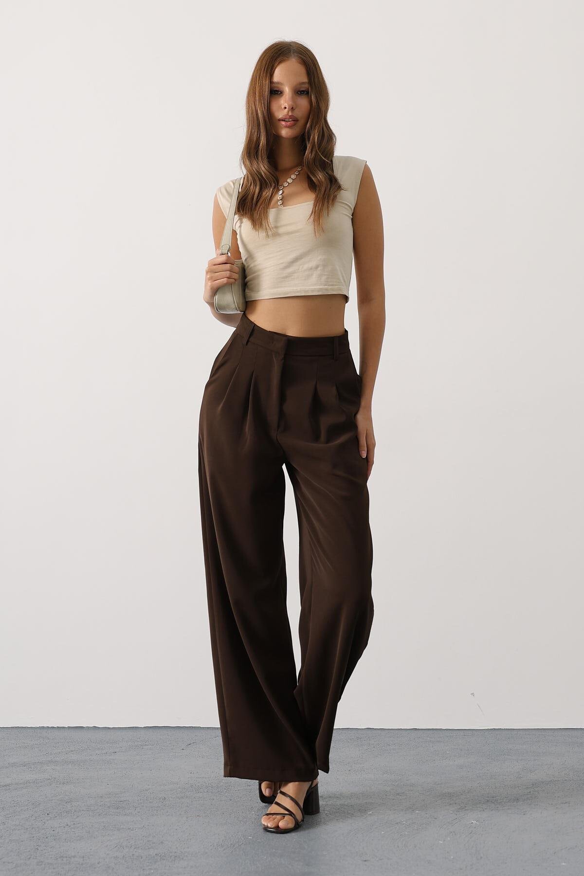 Kahve Çift Pileli Palazzo Pantolon