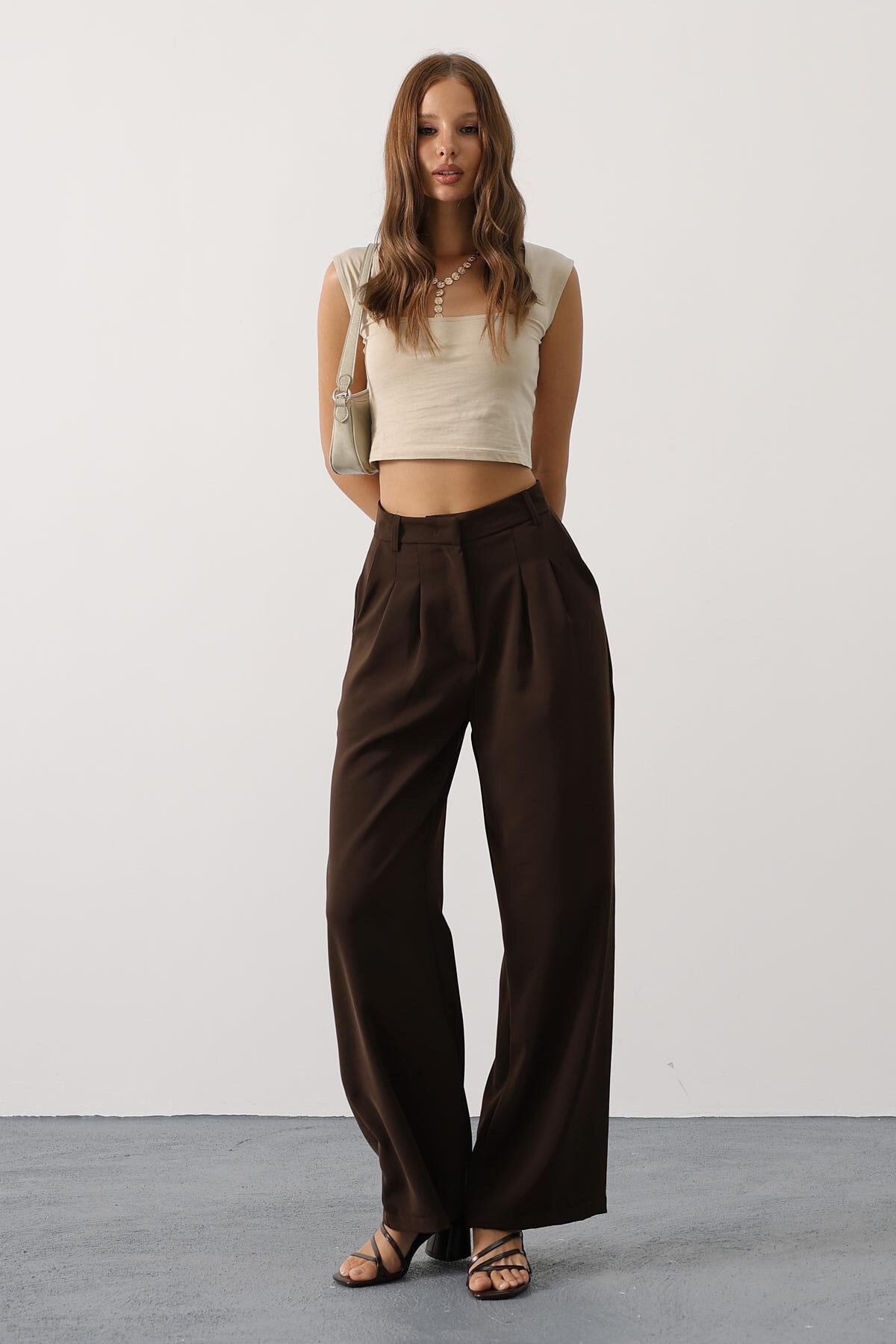 Kahve Çift Pileli Palazzo Pantolon