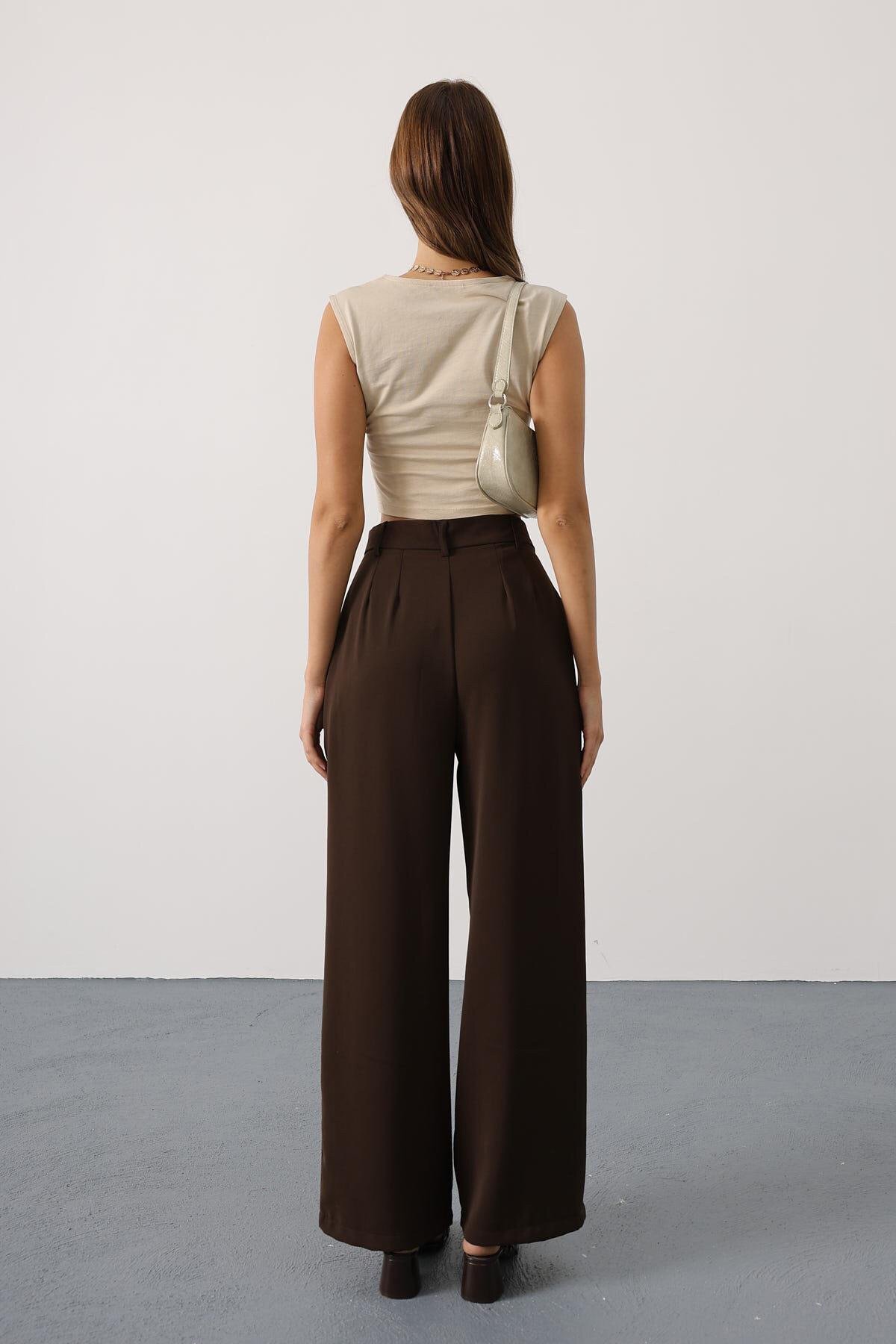 Kahve Çift Pileli Palazzo Pantolon