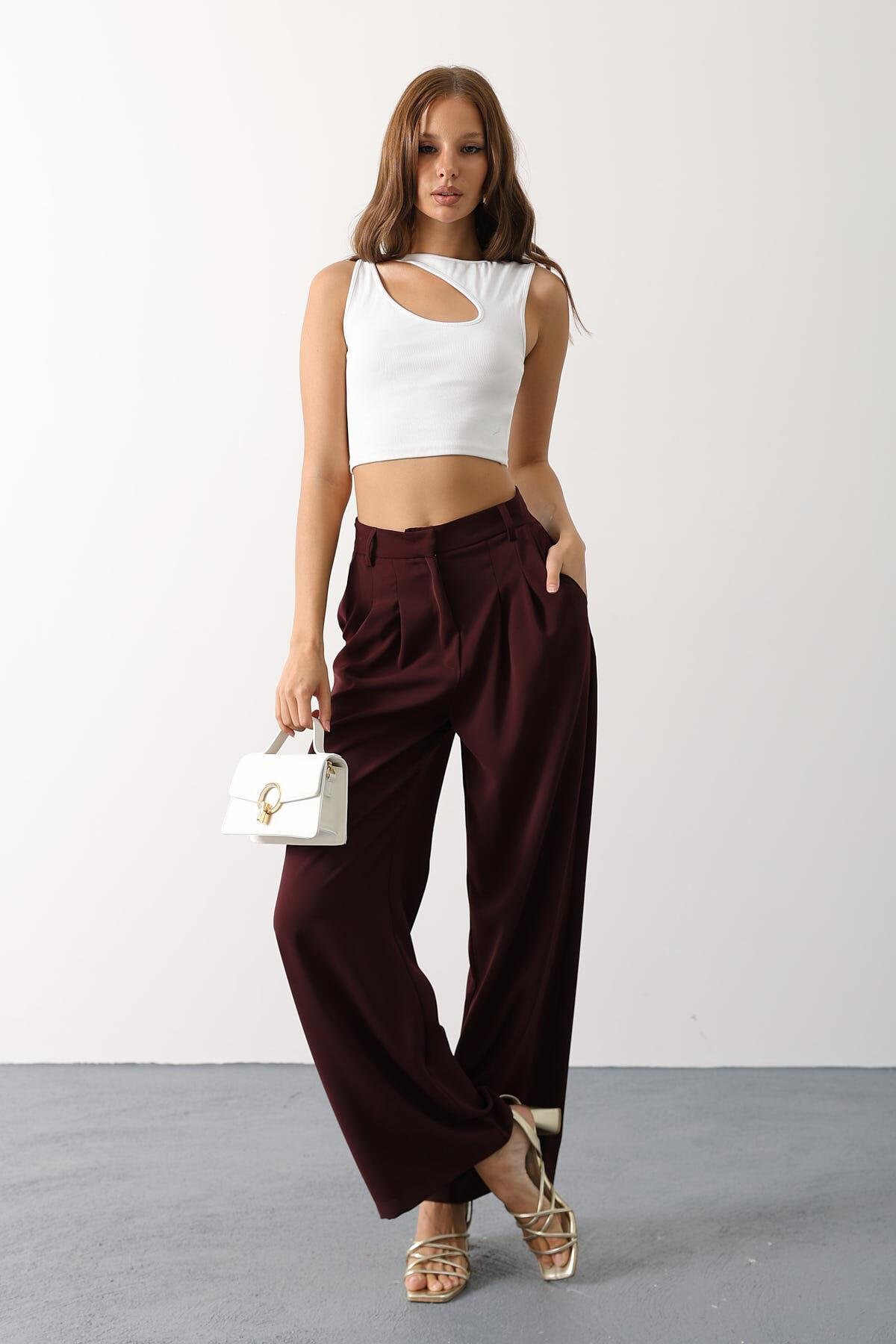 Bordo Çift Pileli Palazzo Pantolon