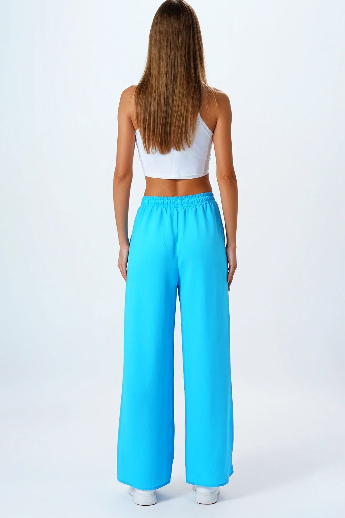Mavi Çift Cepli Beli Lastikli Palazzo Pantolon