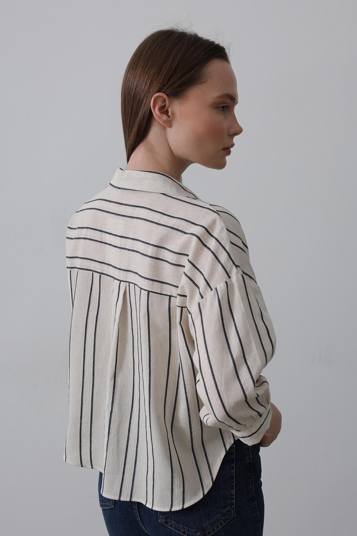 Lacivert-Bej Cepli Çizgili Kısa Gömlek