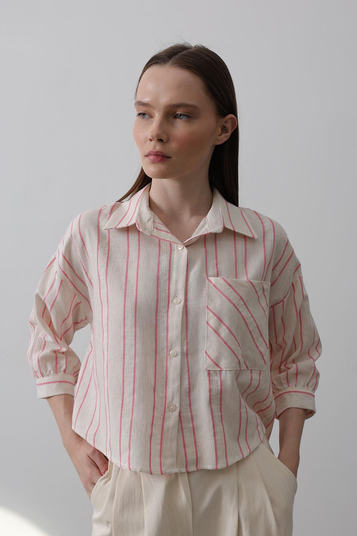 Pembe Cepli Çizgili Kısa Gömlek