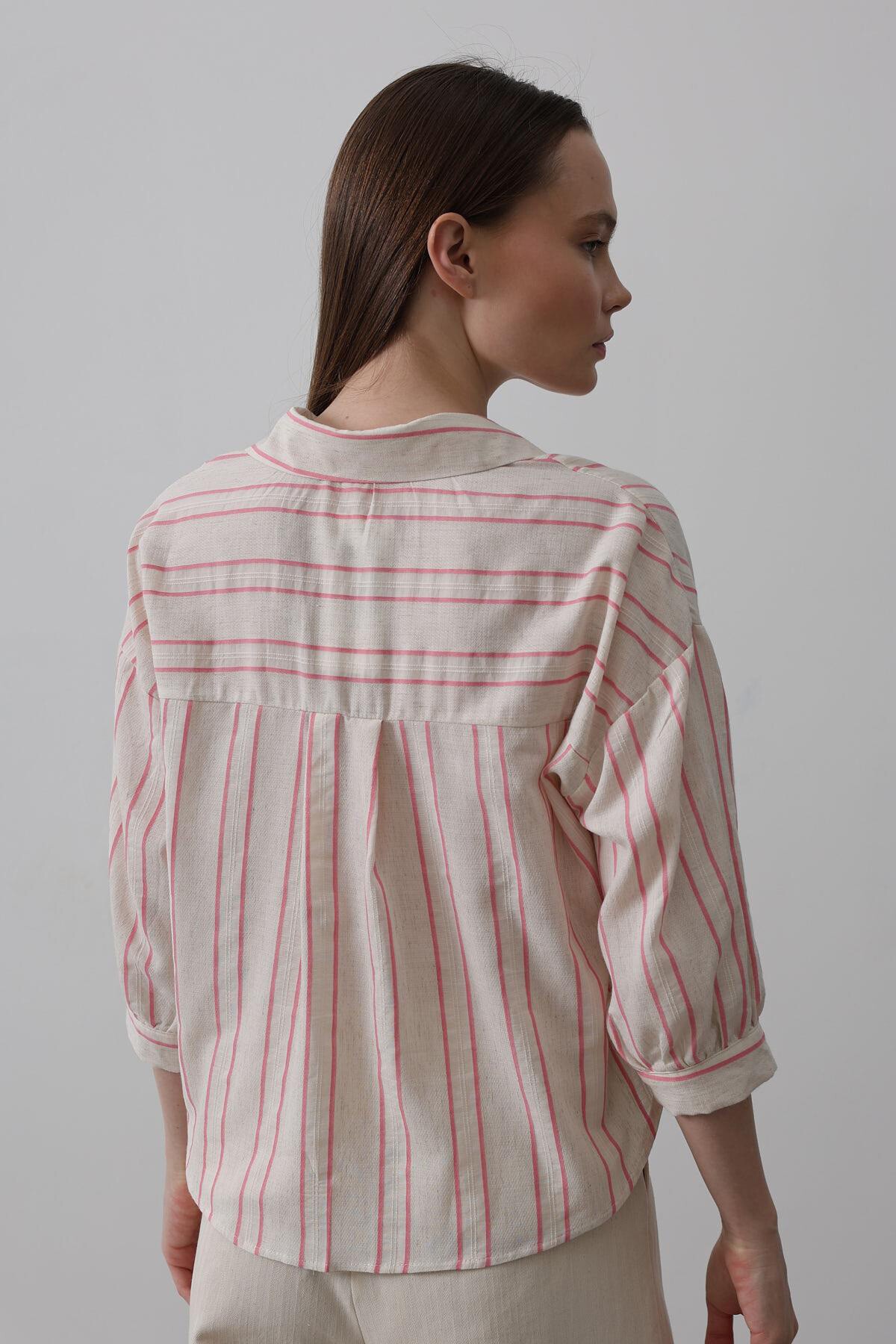 Pembe Cepli Çizgili Kısa Gömlek