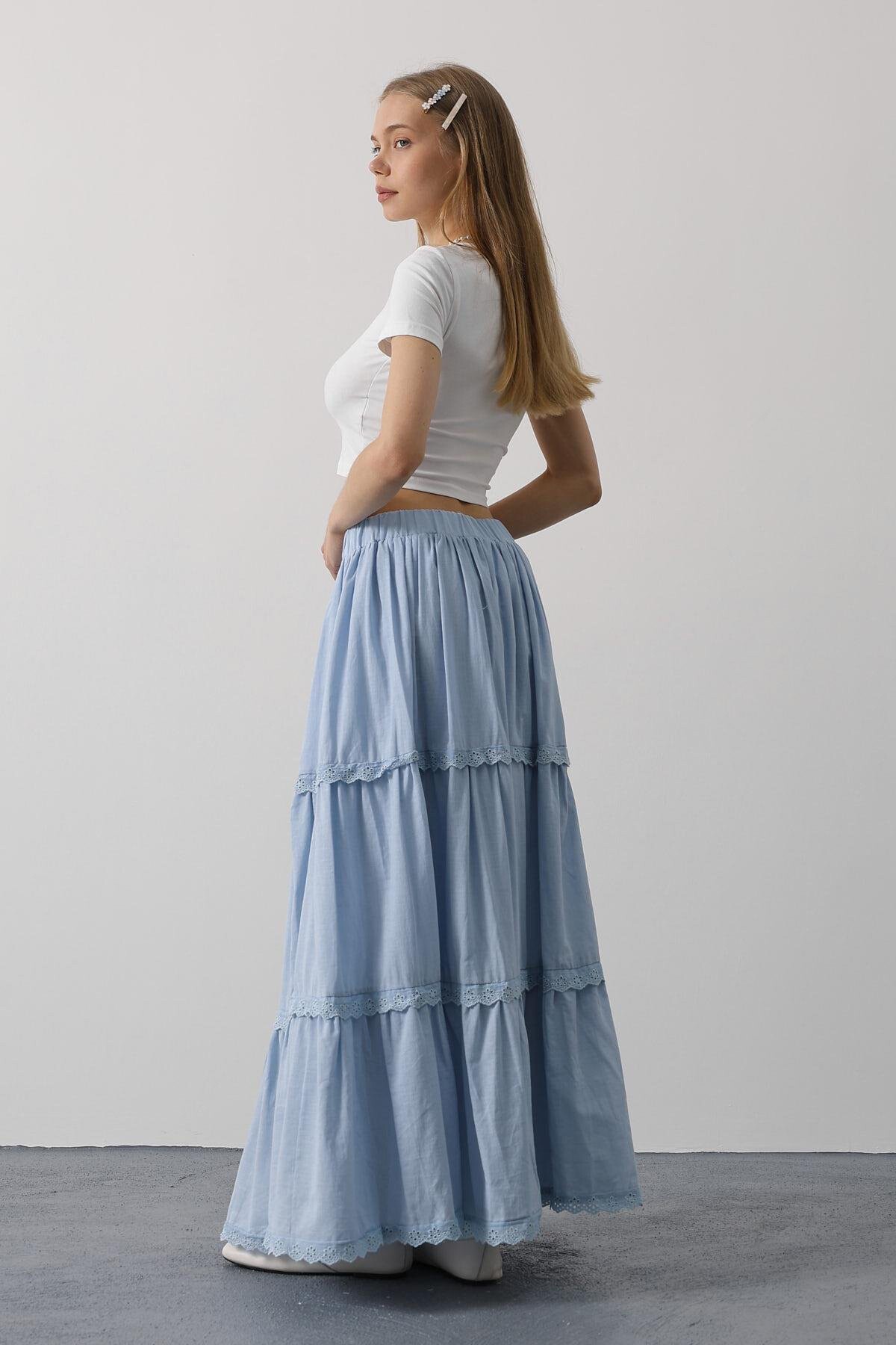 Bebe Mavisi Beli Lastikli Dantel Detaylı Pileli Maxi Boy Etek