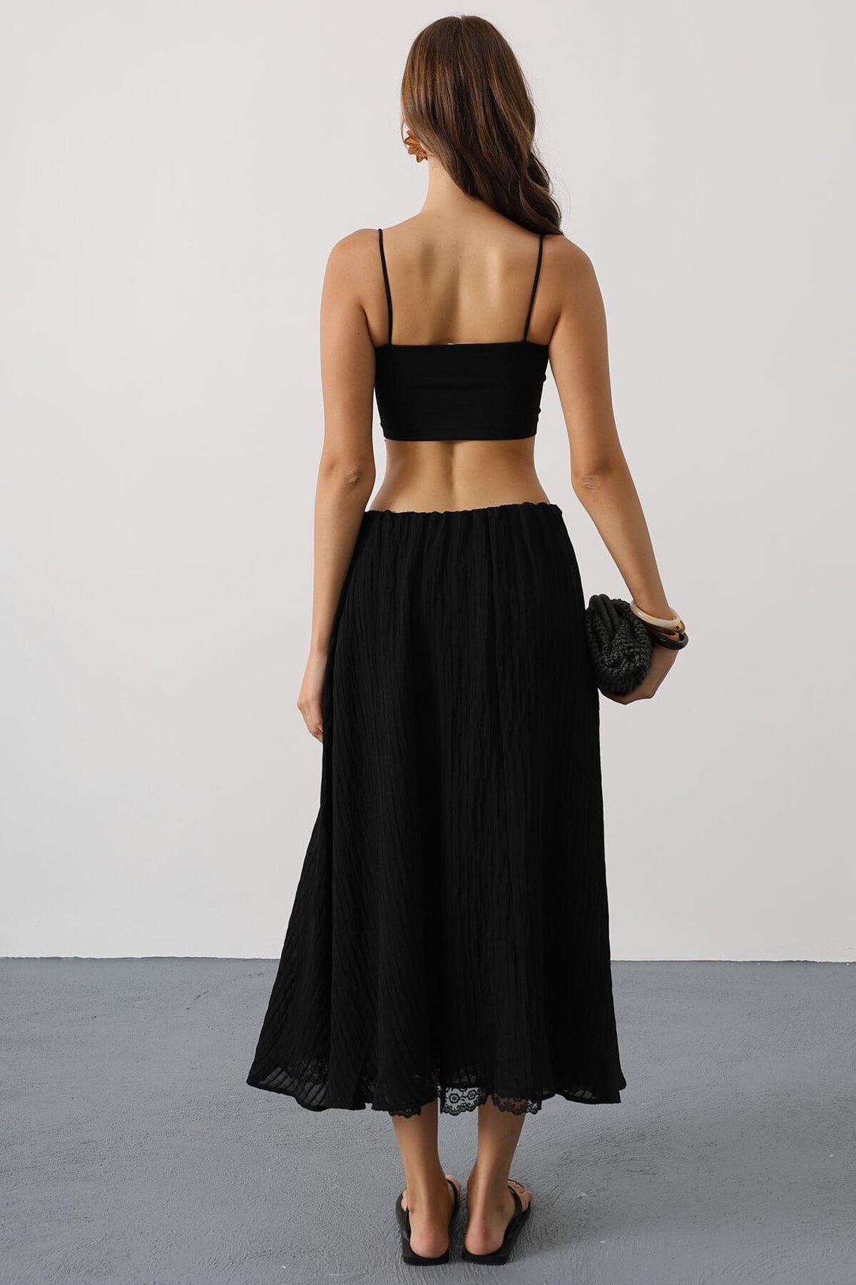 Siyah Dantel Detaylı Uzun Etek