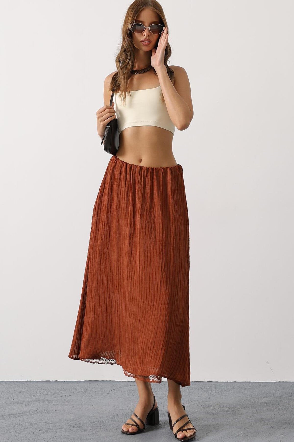 Kahve Dantel Detaylı Uzun Etek