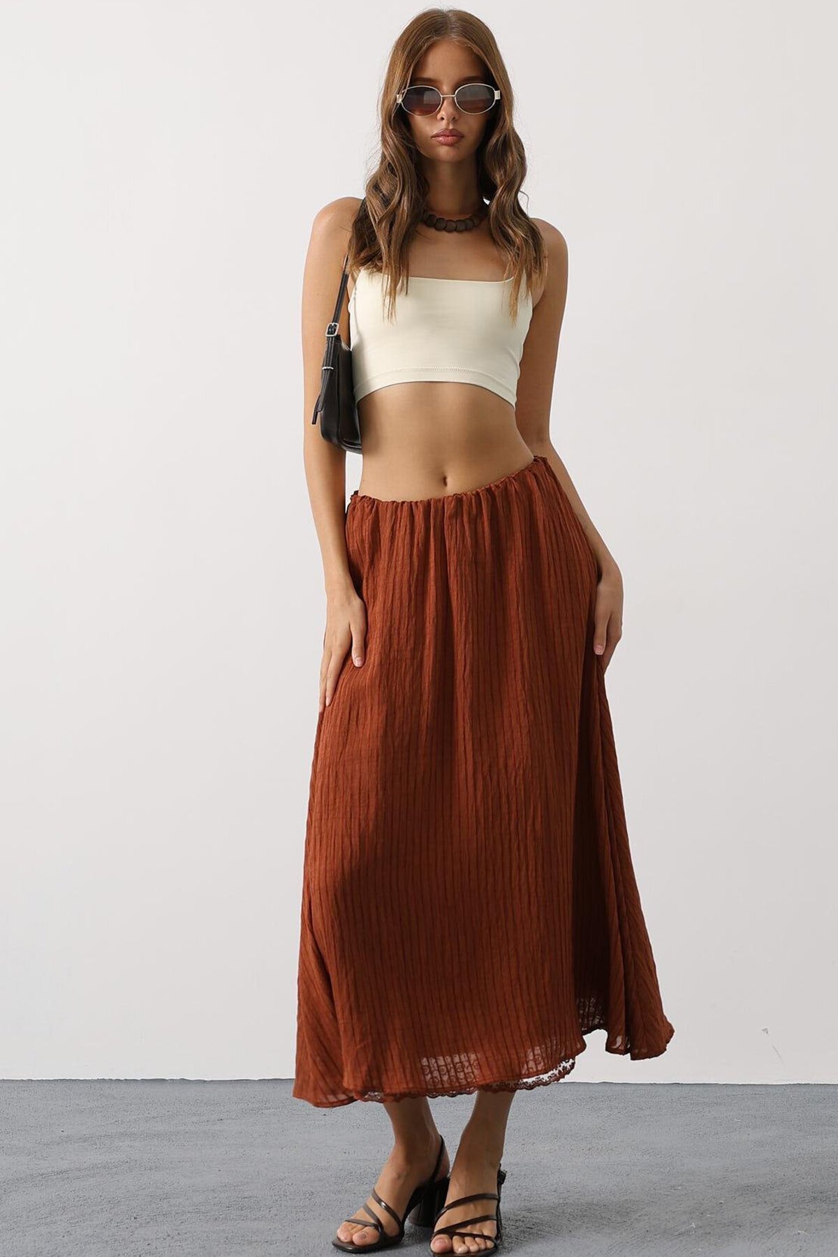 Kahve Dantel Detaylı Uzun Etek