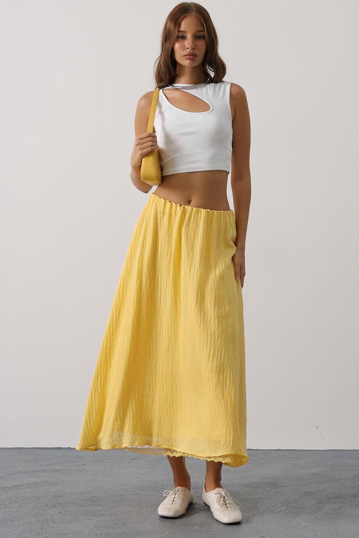 Sarı Dantel Detaylı Uzun Etek