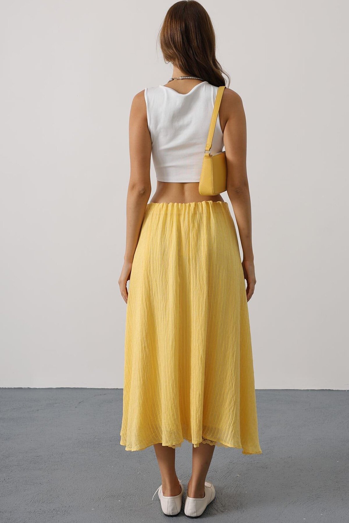 Sarı Dantel Detaylı Uzun Etek
