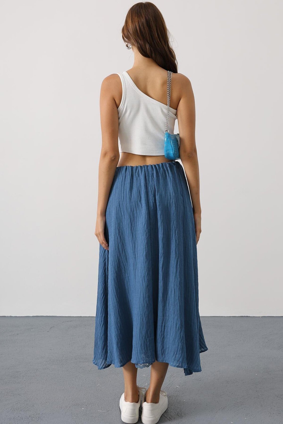 İndigo Dantel Detaylı Uzun Etek