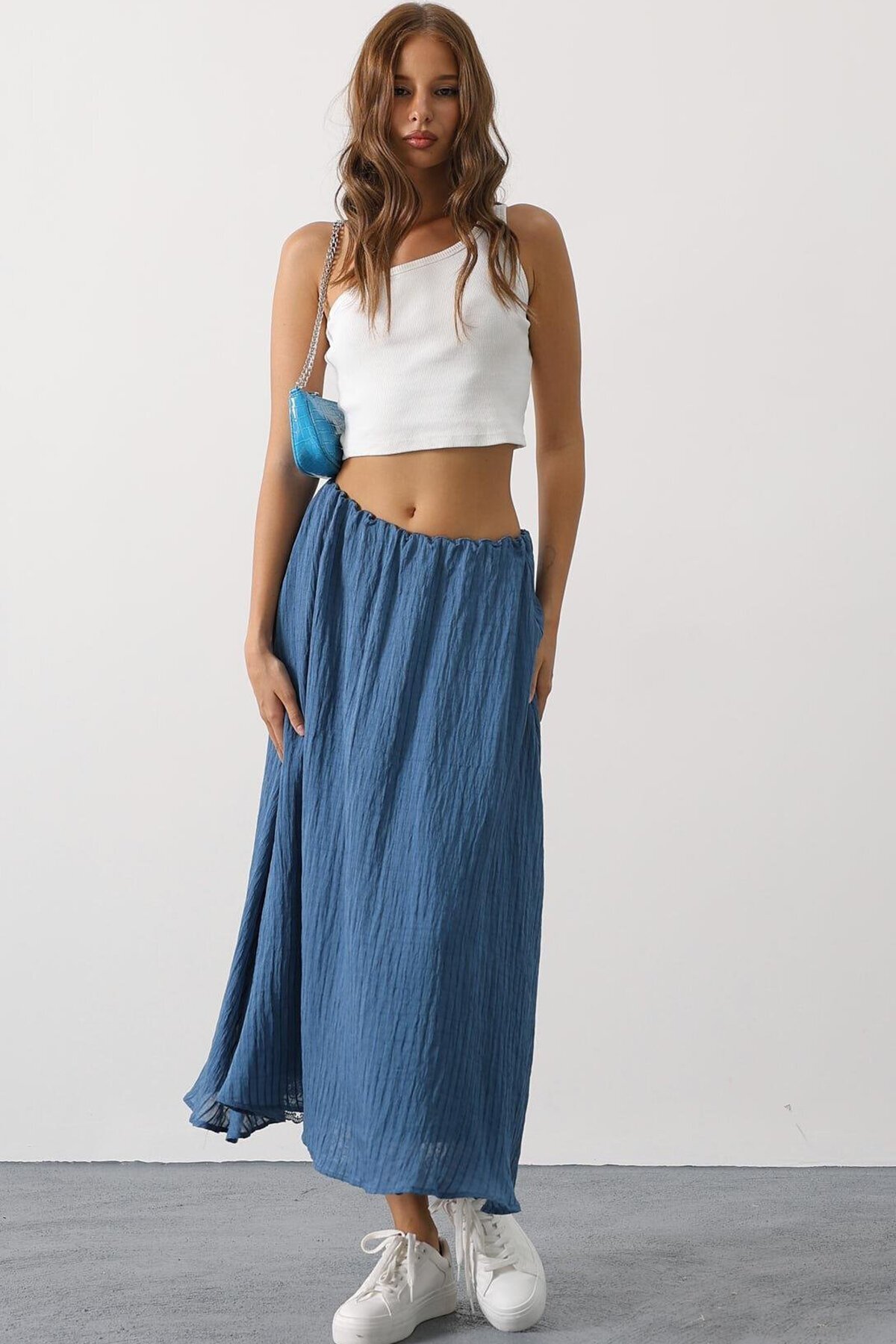 İndigo Dantel Detaylı Uzun Etek