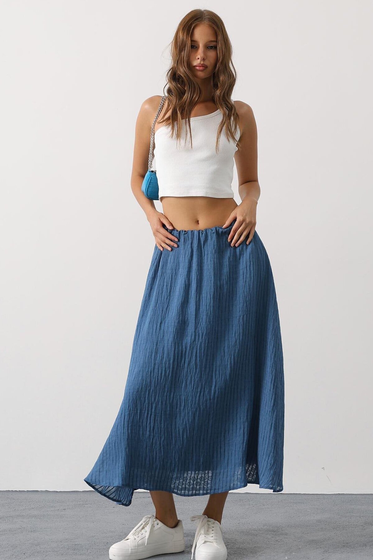 İndigo Dantel Detaylı Uzun Etek