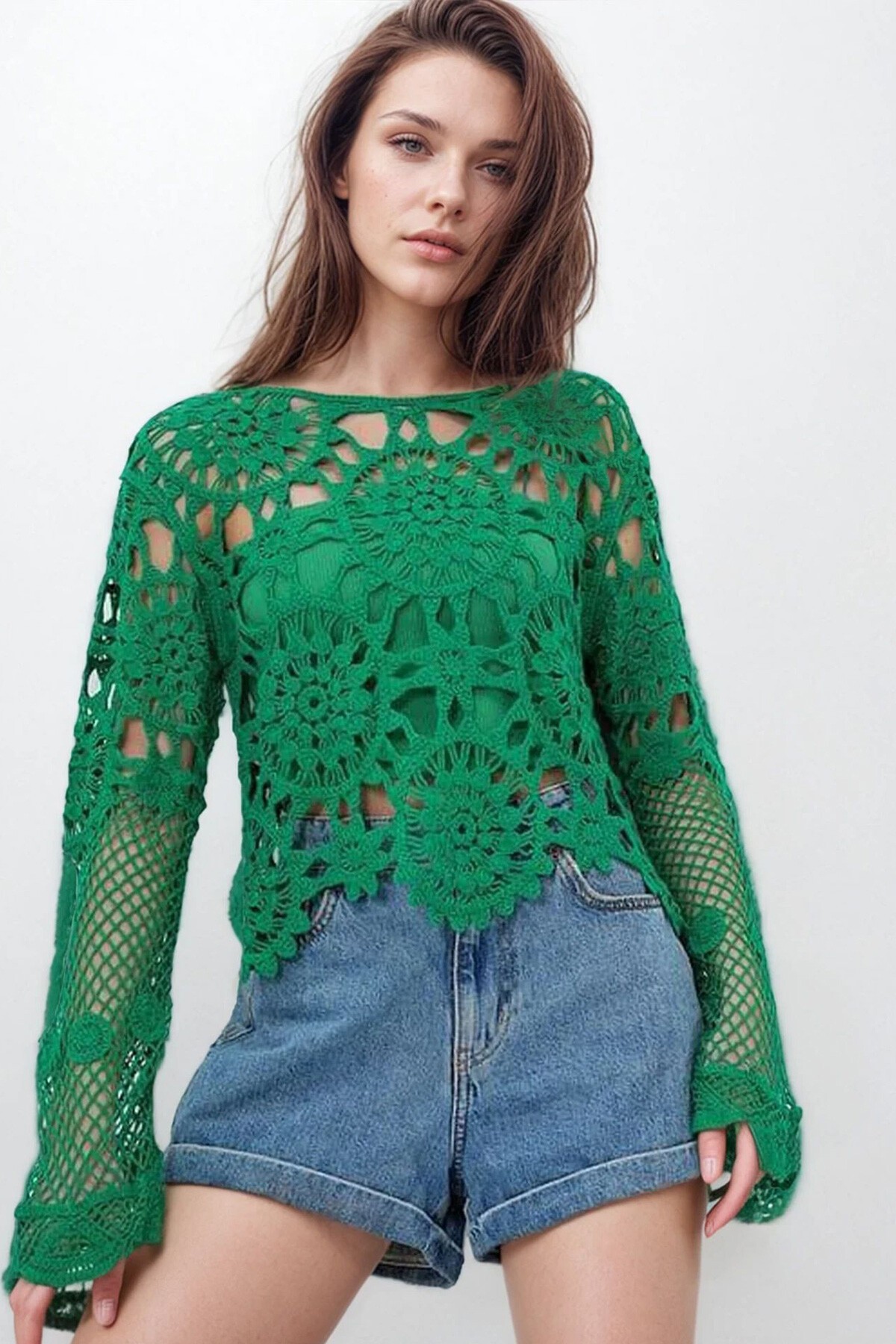 Yeşil Dantel İşlemeli Bluz