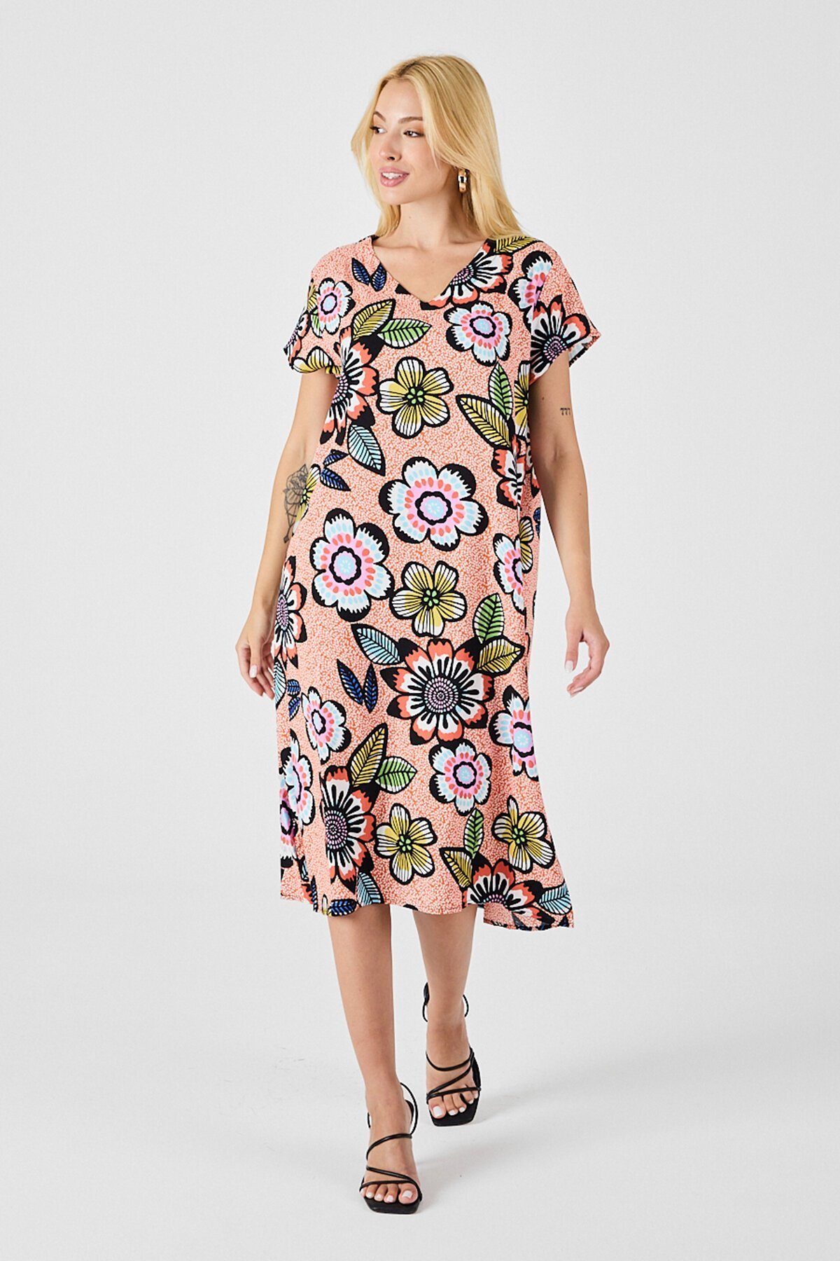 Turuncu Derin V Yaka Çiçek Desenli Midi Boy Elbise