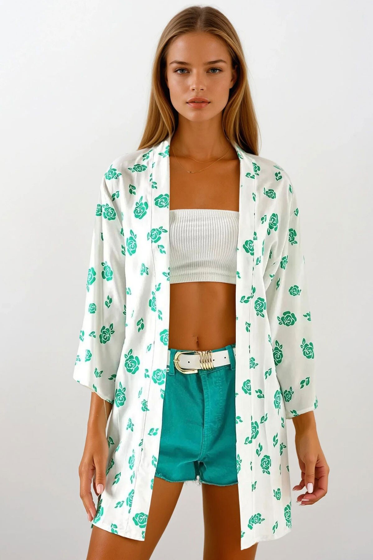 Yeşil Desenli Dokum Viskon Kimono