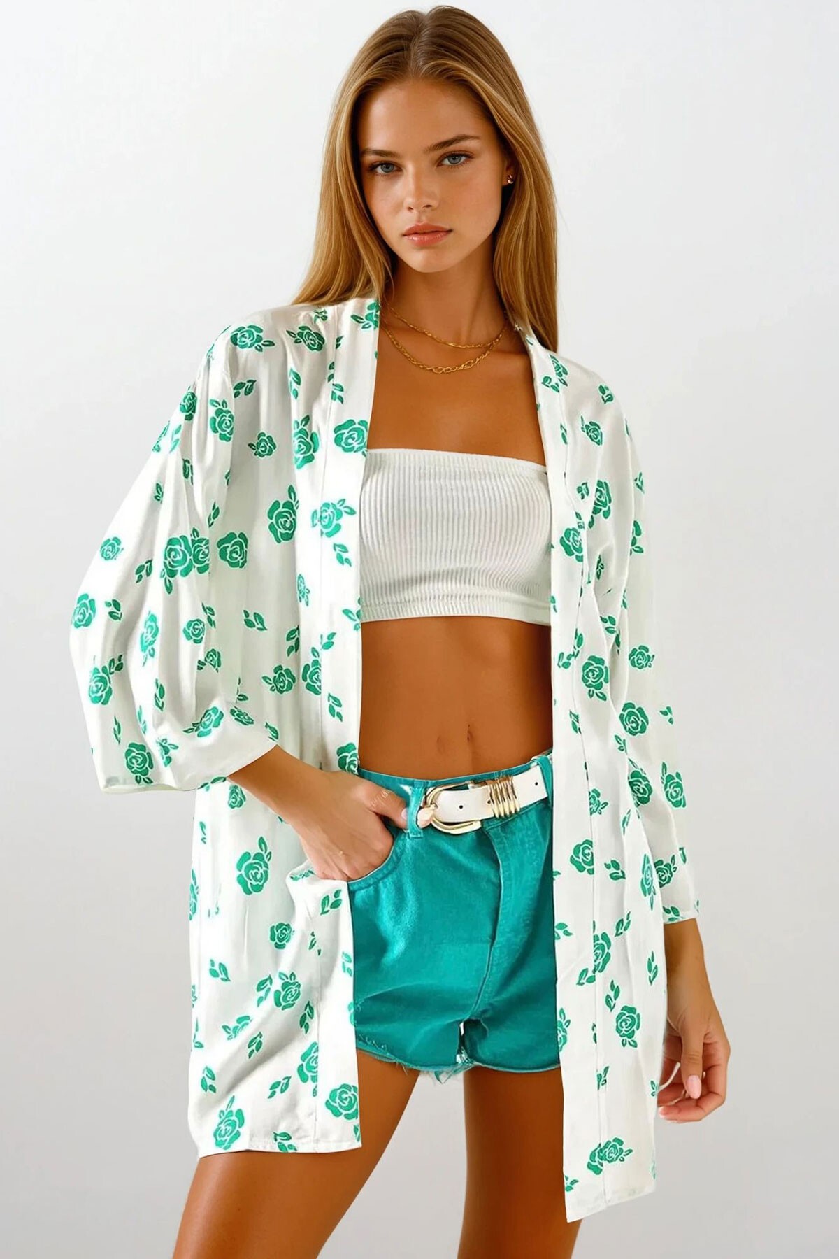 Yeşil Desenli Dokum Viskon Kimono