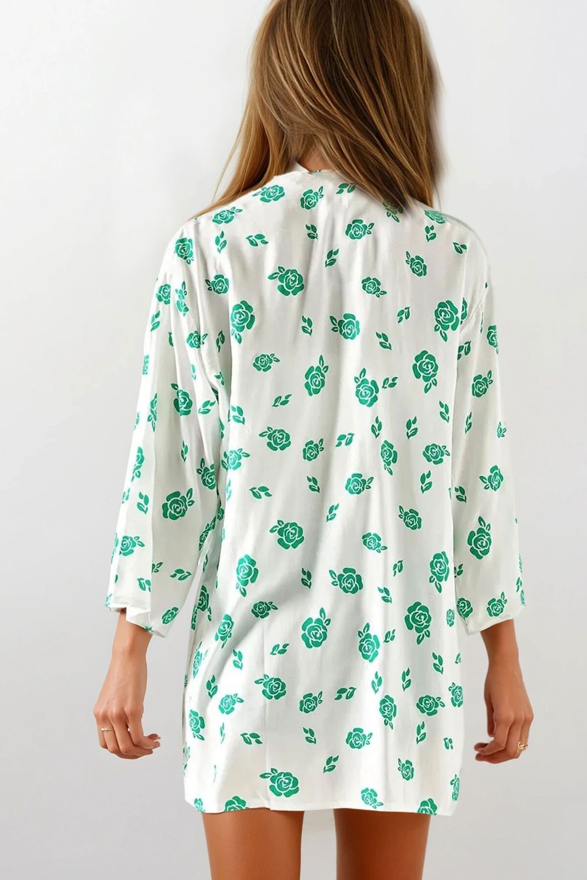 Yeşil Desenli Dokum Viskon Kimono