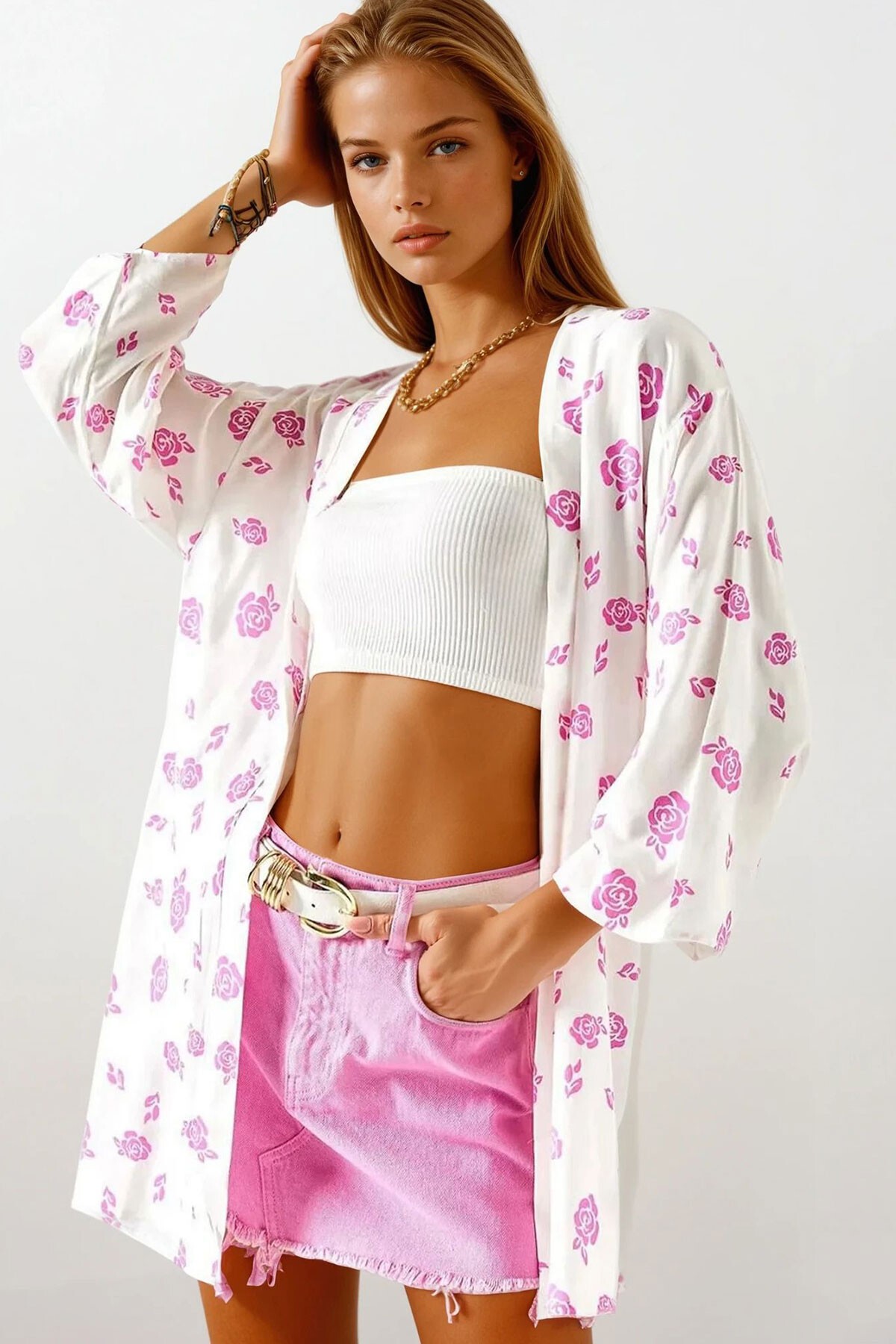 Fuşya Desenli Dokum Viskon Kimono