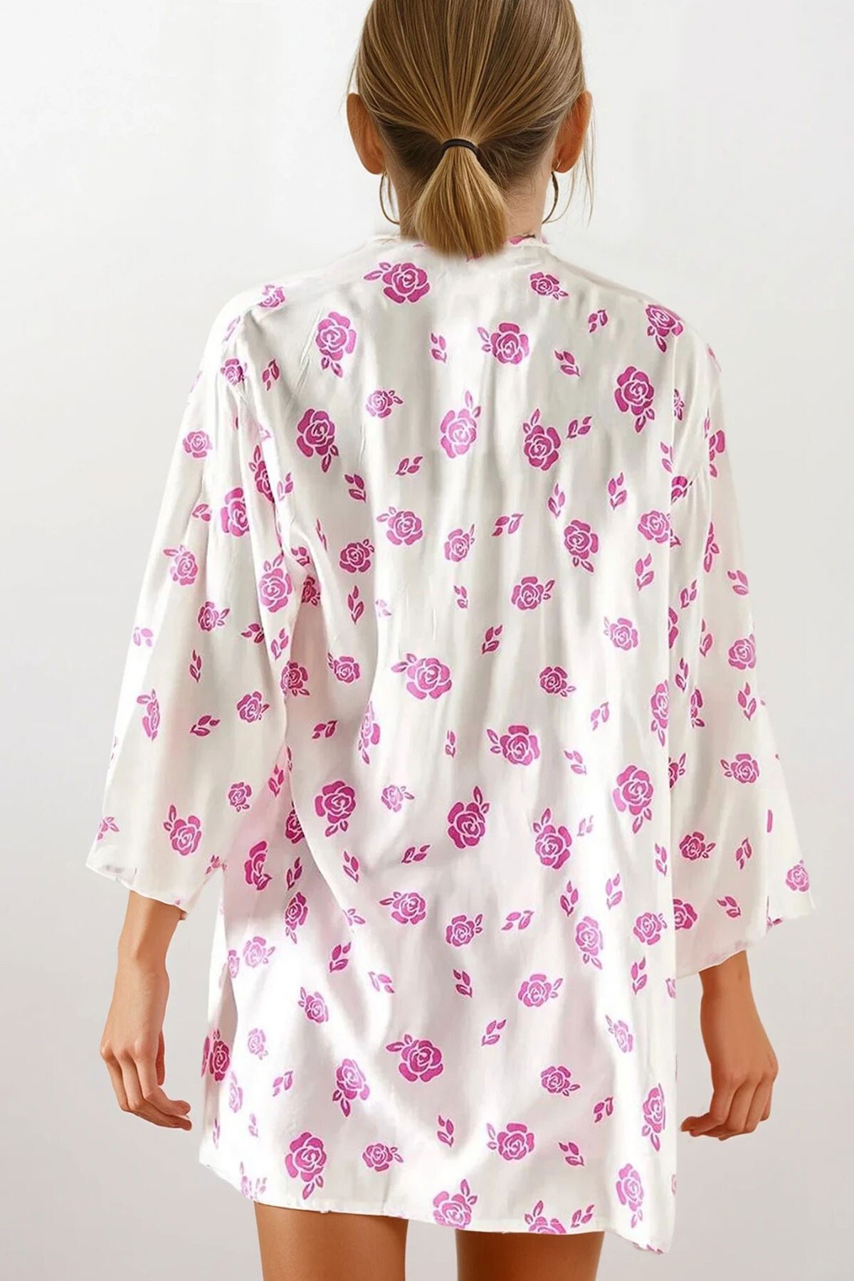 Fuşya Desenli Dokum Viskon Kimono