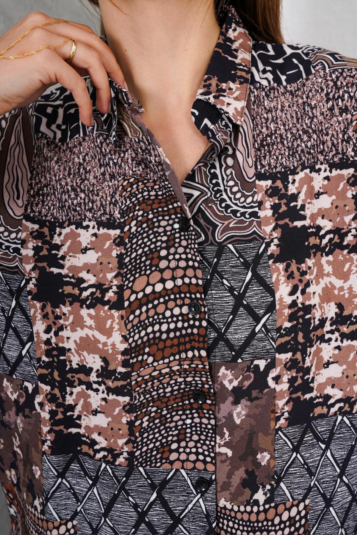 Kahverengi Desenli Oversize Gömlek Ve Bağcıklı Palazzo Pantolon Takım