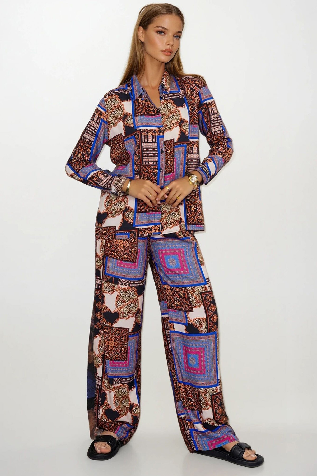 Lila Desenli Oversize Gömlek Ve Bağcıklı Palazzo Pantolon Takım