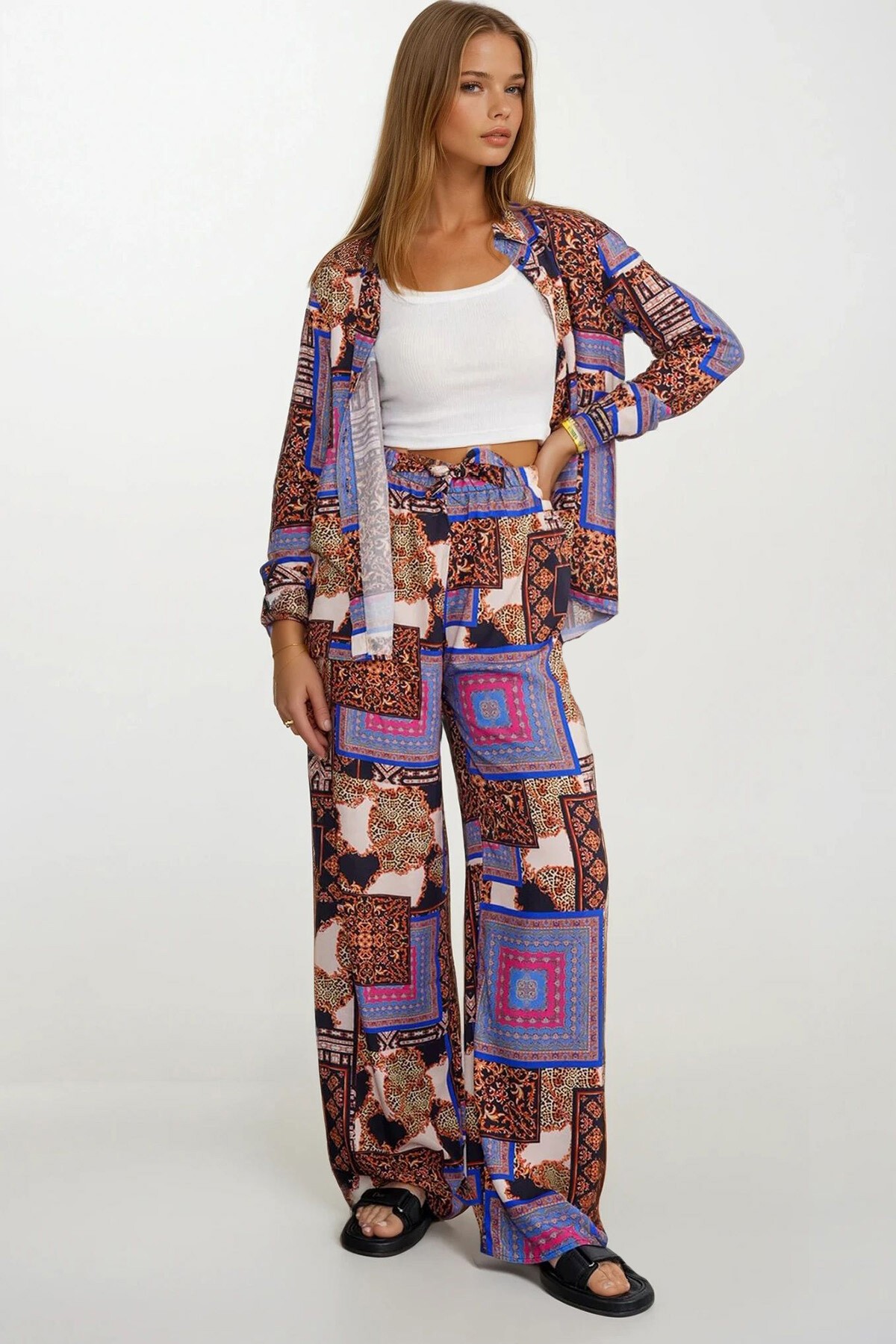 Lila Desenli Oversize Gömlek Ve Bağcıklı Palazzo Pantolon Takım