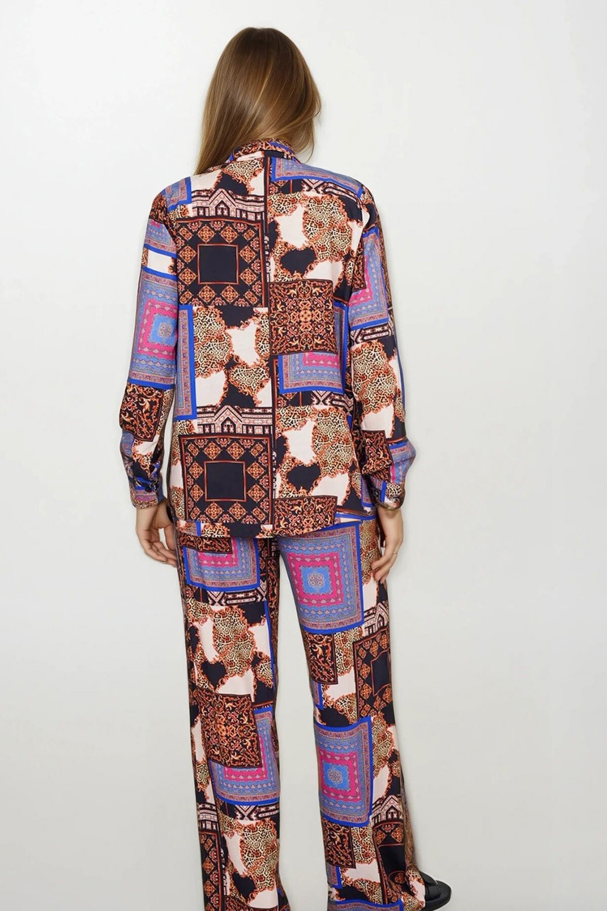 Lila Desenli Oversize Gömlek Ve Bağcıklı Palazzo Pantolon Takım