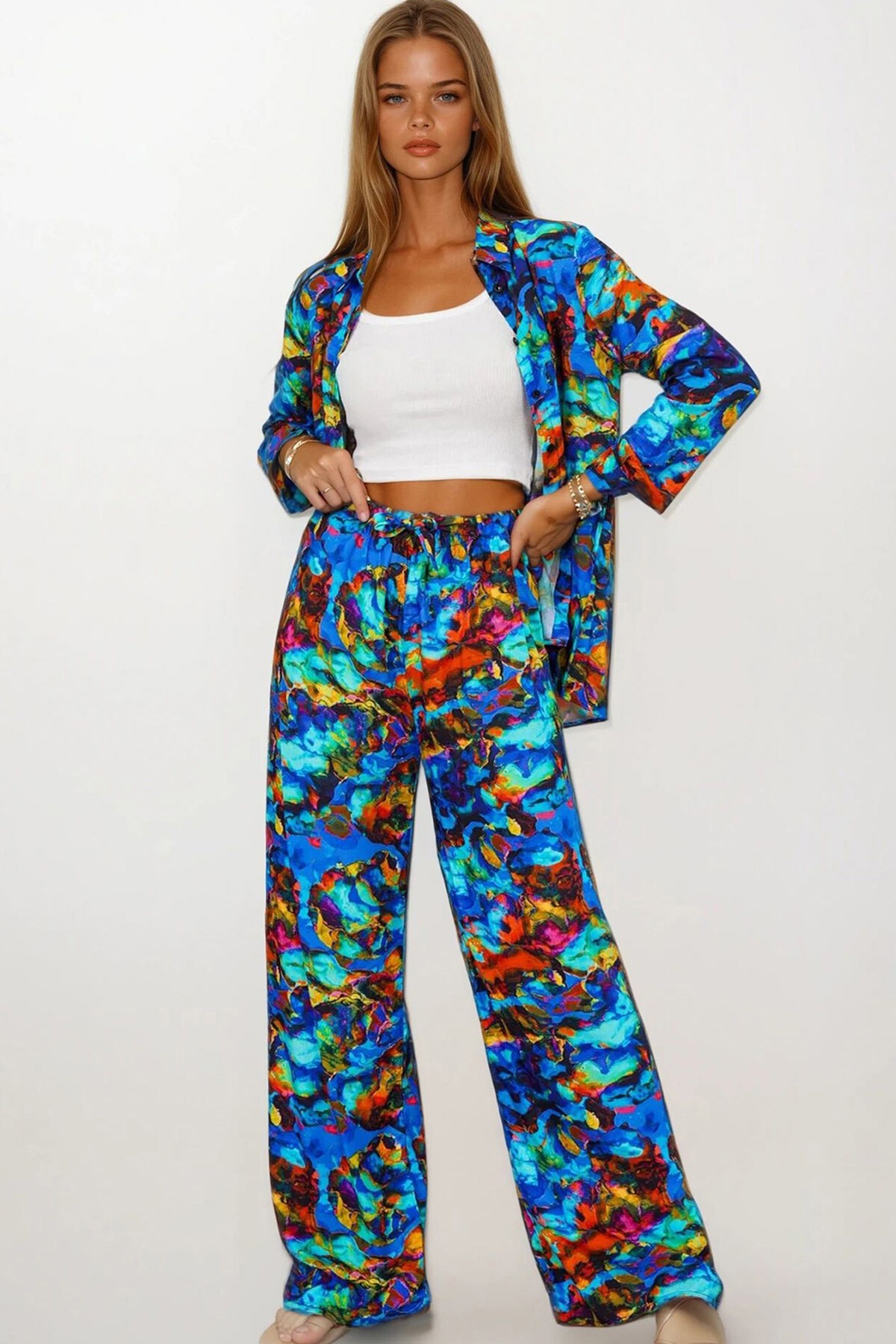 Mavi Desenli Oversize Gömlek Ve Bağcıklı Palazzo Pantolon Takım