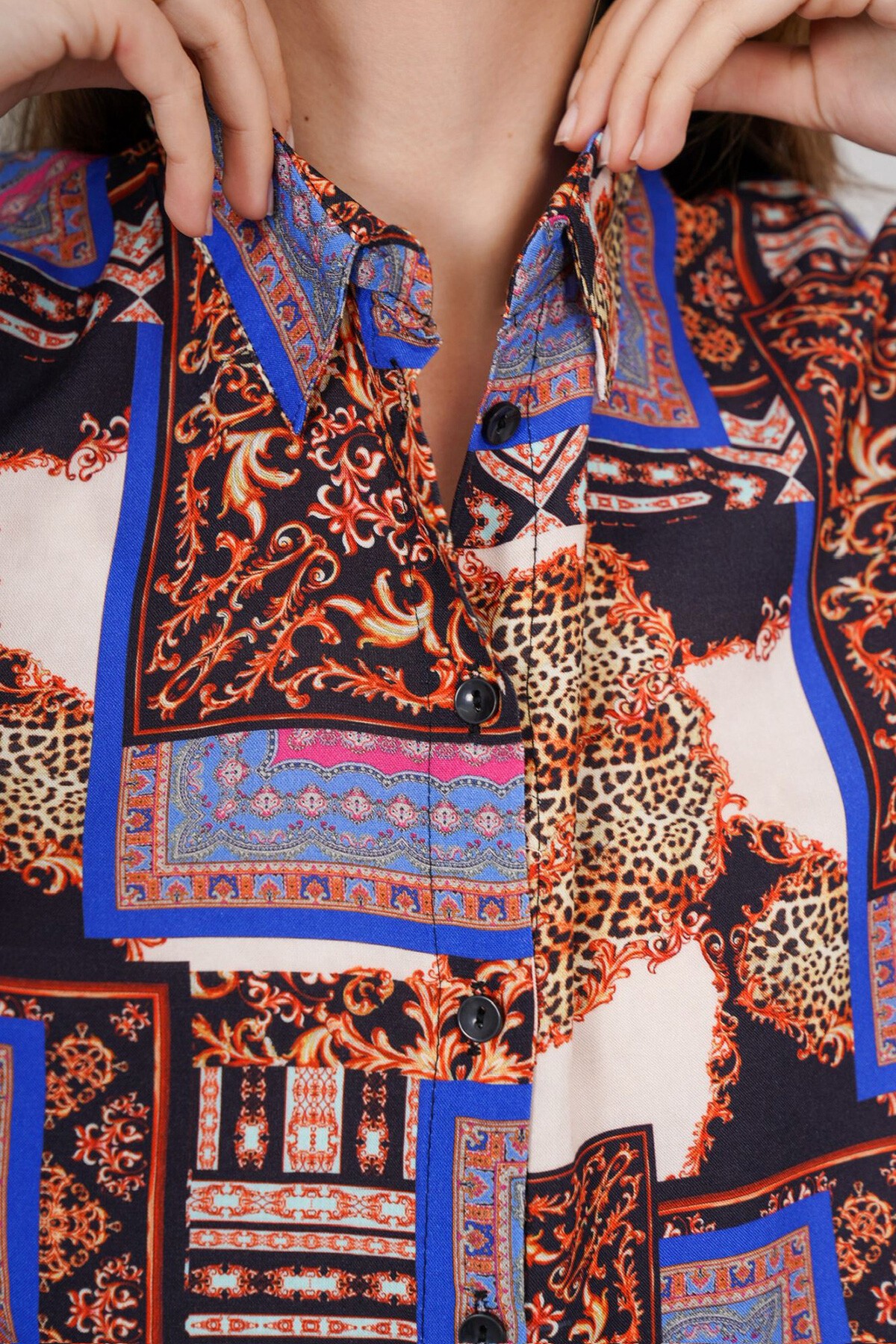 Lila Desenli Oversize Gömlek Ve Bağcıklı Palazzo Pantolon Takım