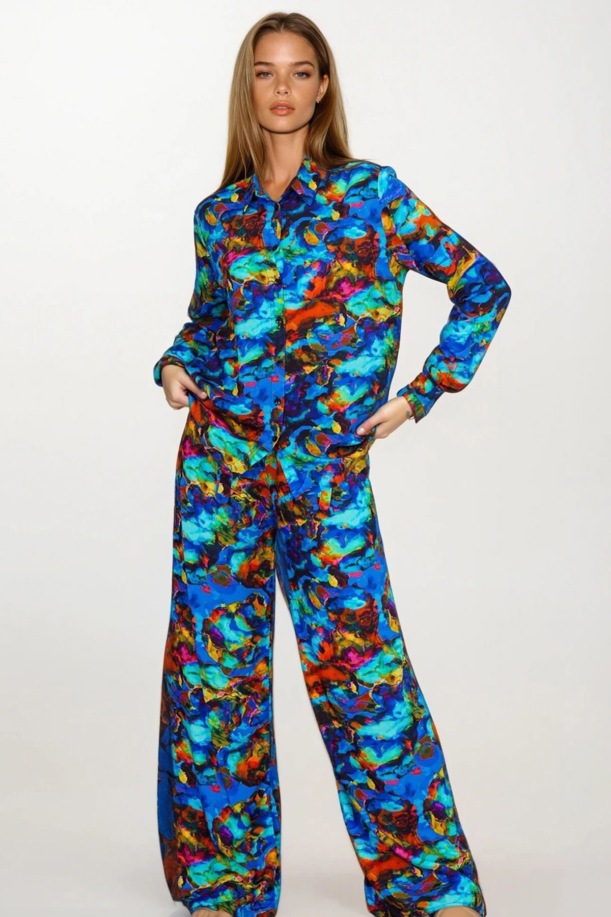 Mavi Desenli Oversize Gömlek Ve Bağcıklı Palazzo Pantolon Takım