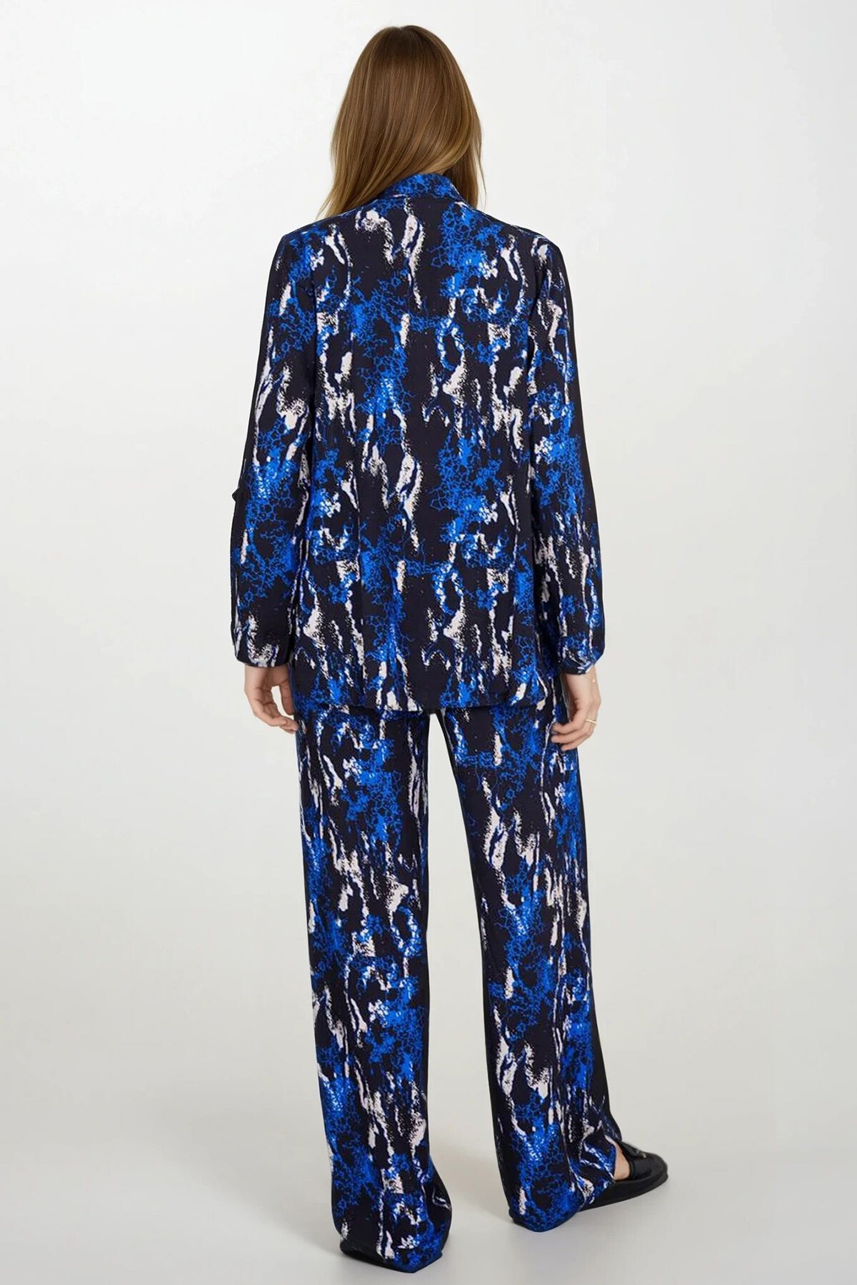 Saks Desenli Oversize Gömlek Ve Bağcıklı Palazzo Pantolon Takım