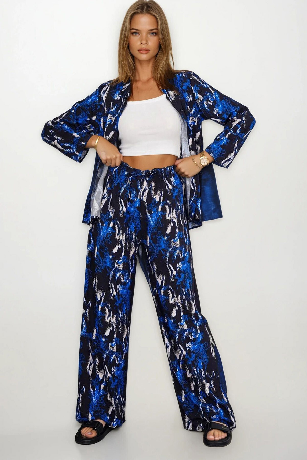 Saks Desenli Oversize Gömlek Ve Bağcıklı Palazzo Pantolon Takım