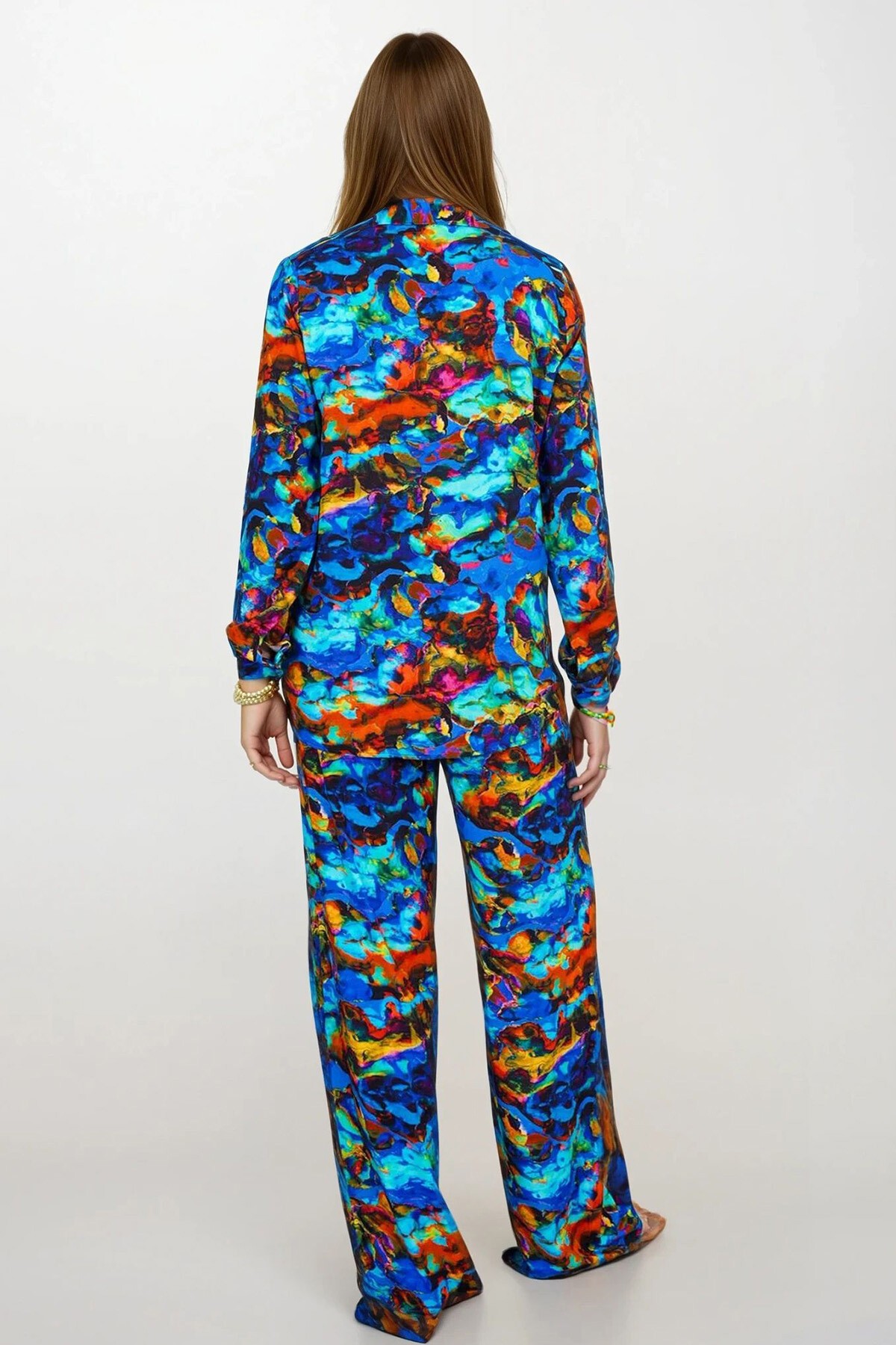 Mavi Desenli Oversize Gömlek Ve Bağcıklı Palazzo Pantolon Takım