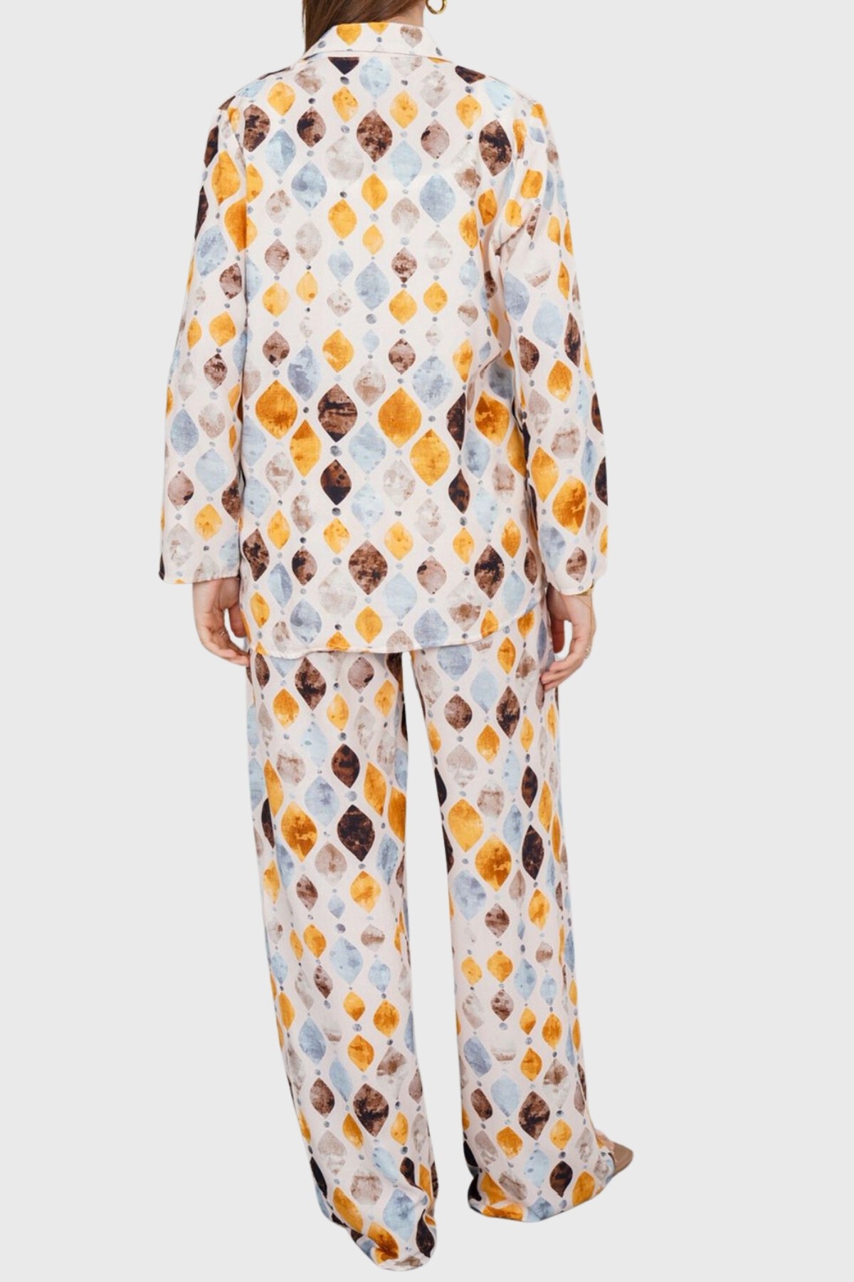 Sarı Desenli Oversize Gömlek Ve Bağcıklı Palazzo Pantolon Takım