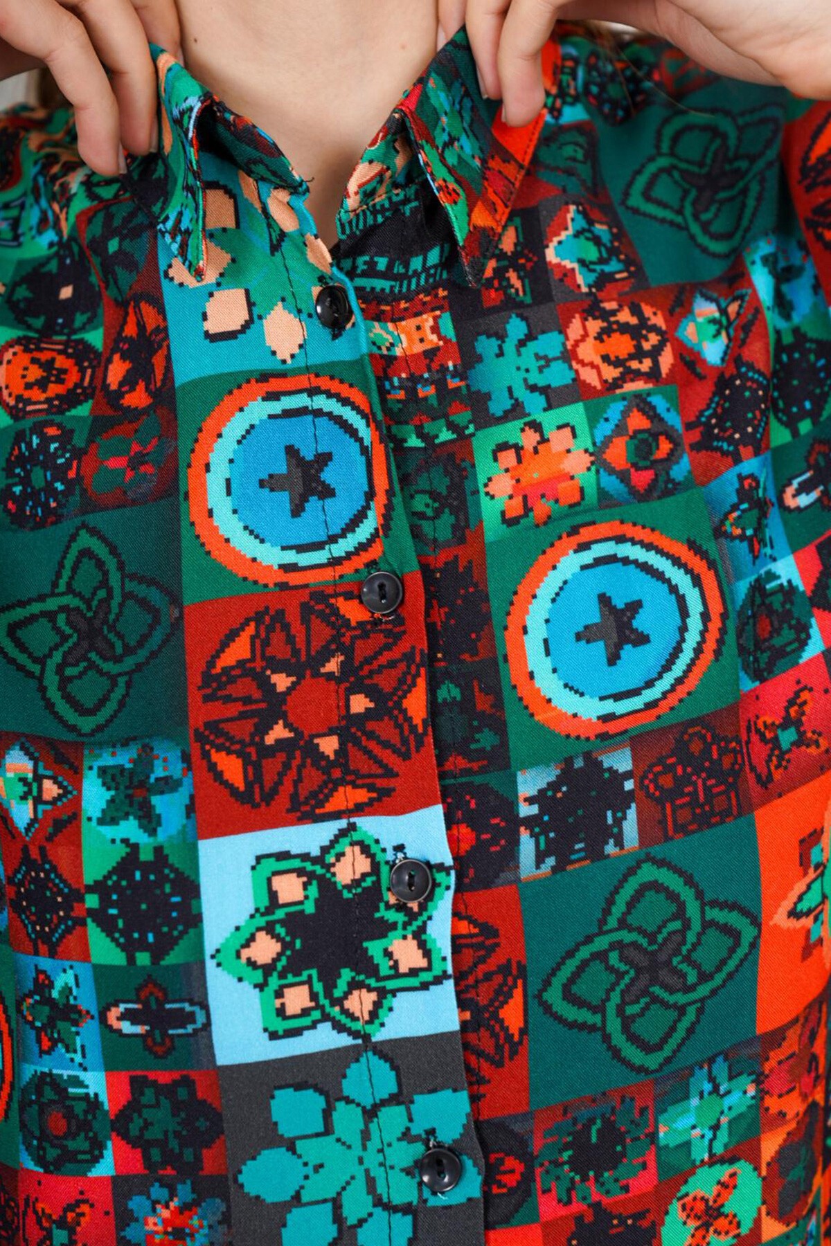 Yeşil Desenli Oversize Gömlek Ve Bağcıklı Palazzo Pantolon Takım