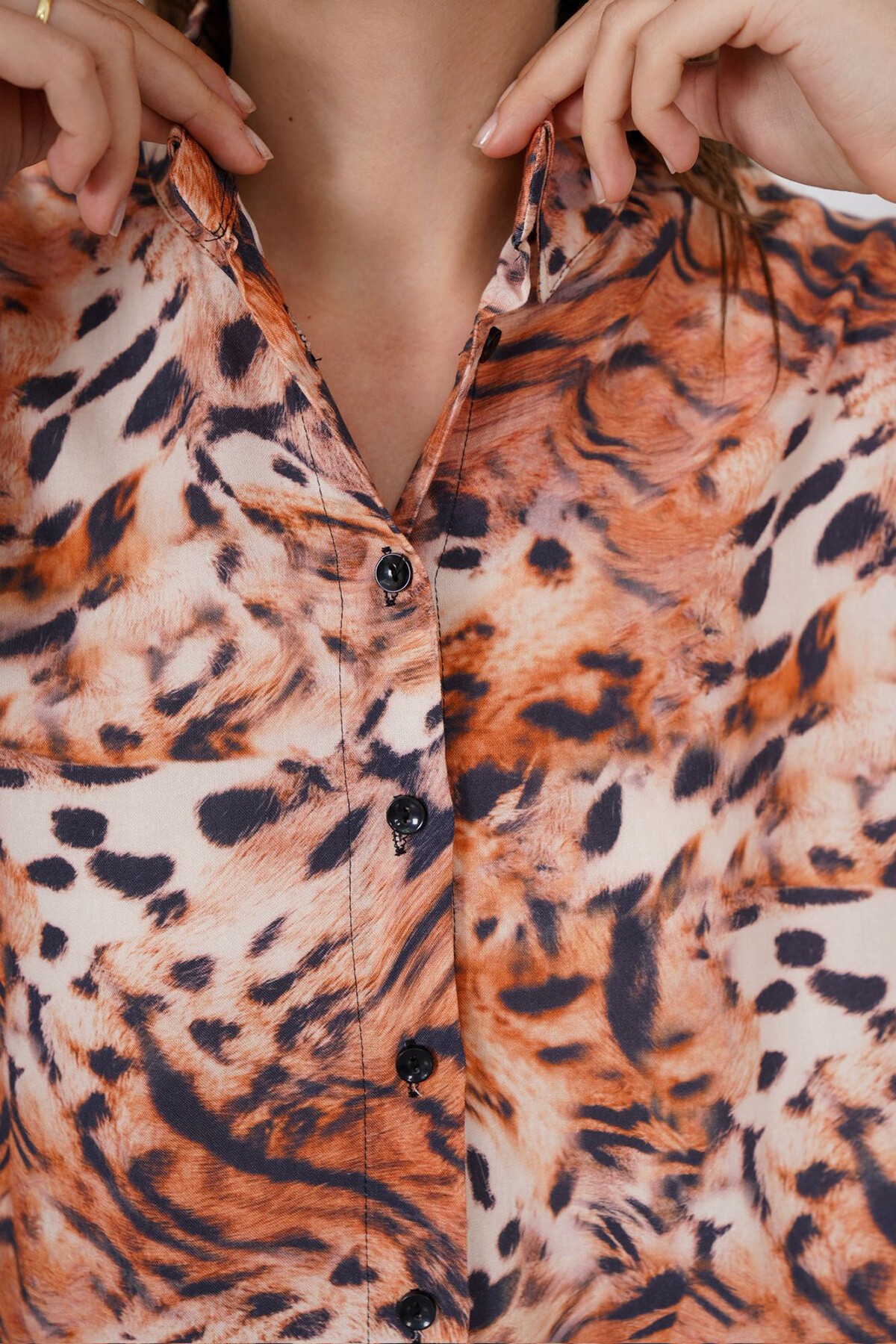 Kiremit Desenli Oversize Gömlek Ve Bağcıklı Palazzo Pantolon Takım