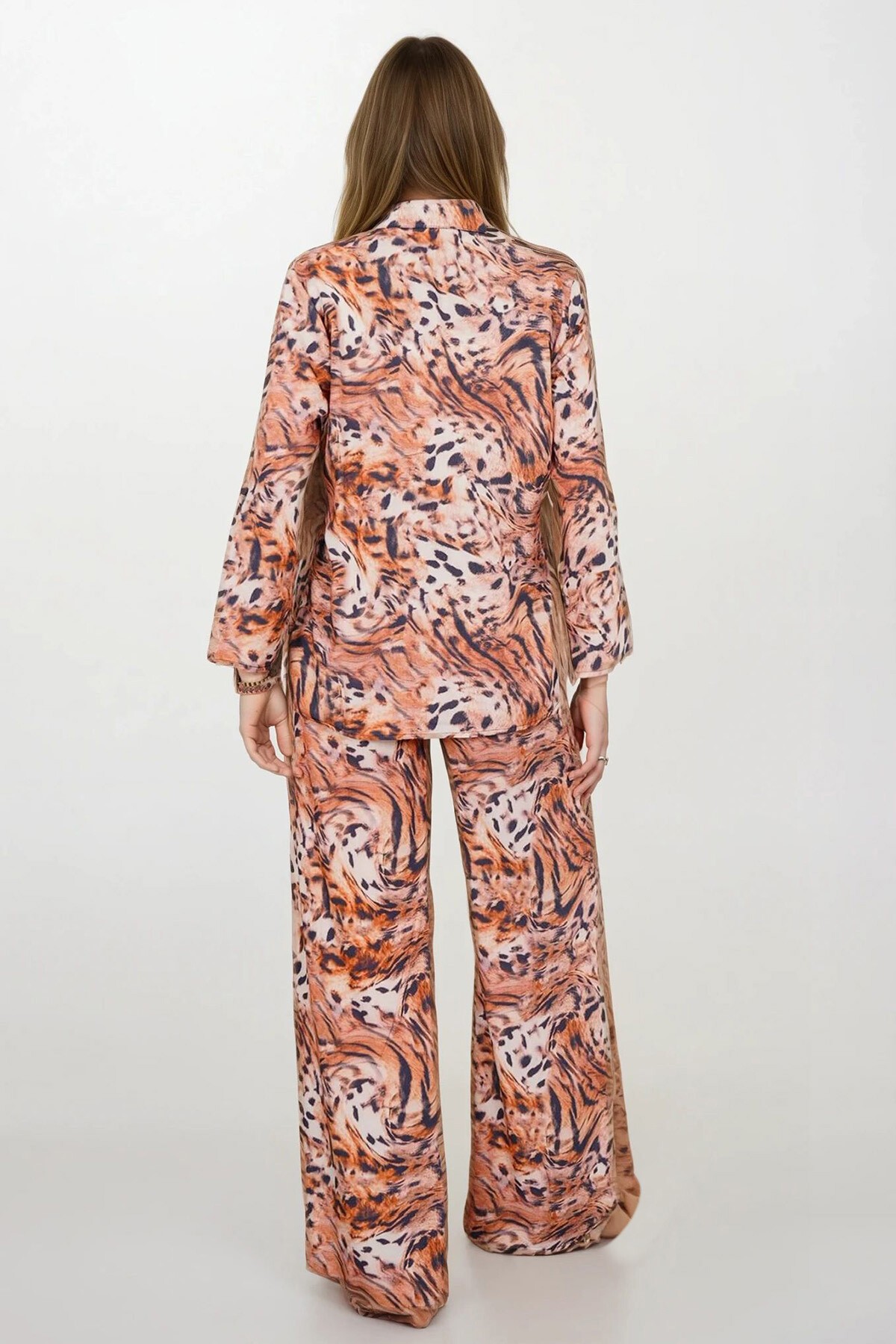 Kiremit Desenli Oversize Gömlek Ve Bağcıklı Palazzo Pantolon Takım