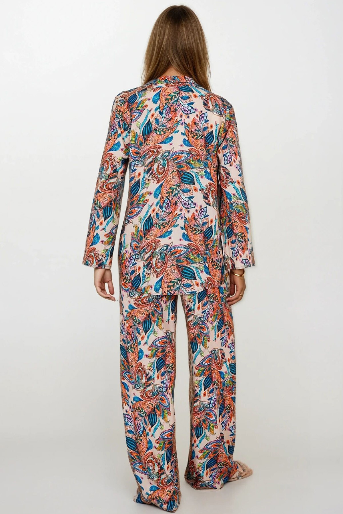 Turuncu-Mavi Desenli Oversize Gömlek Ve Bağcıklı Palazzo Pantolon Takım