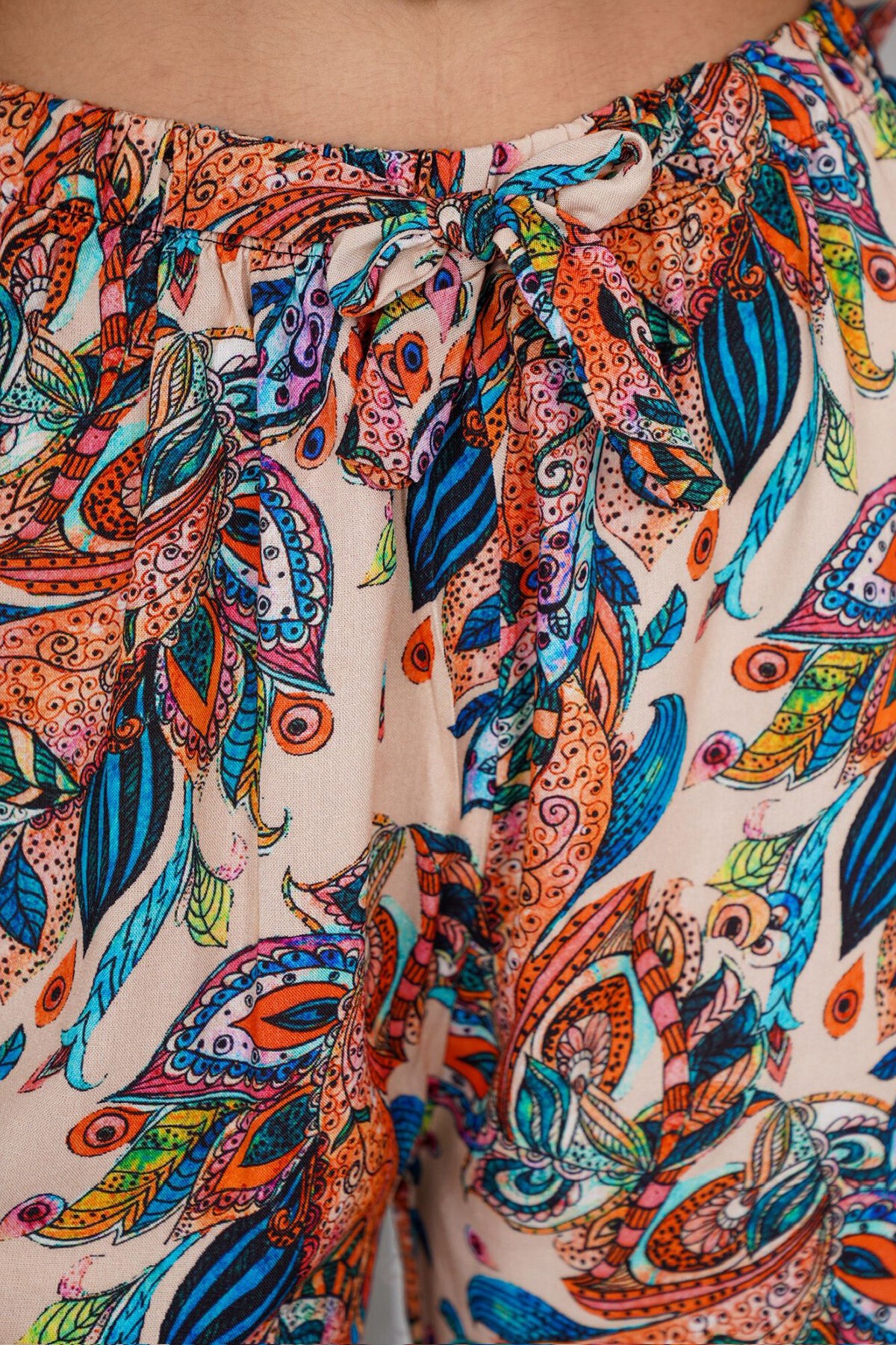 Turuncu-Mavi Desenli Oversize Gömlek Ve Bağcıklı Palazzo Pantolon Takım