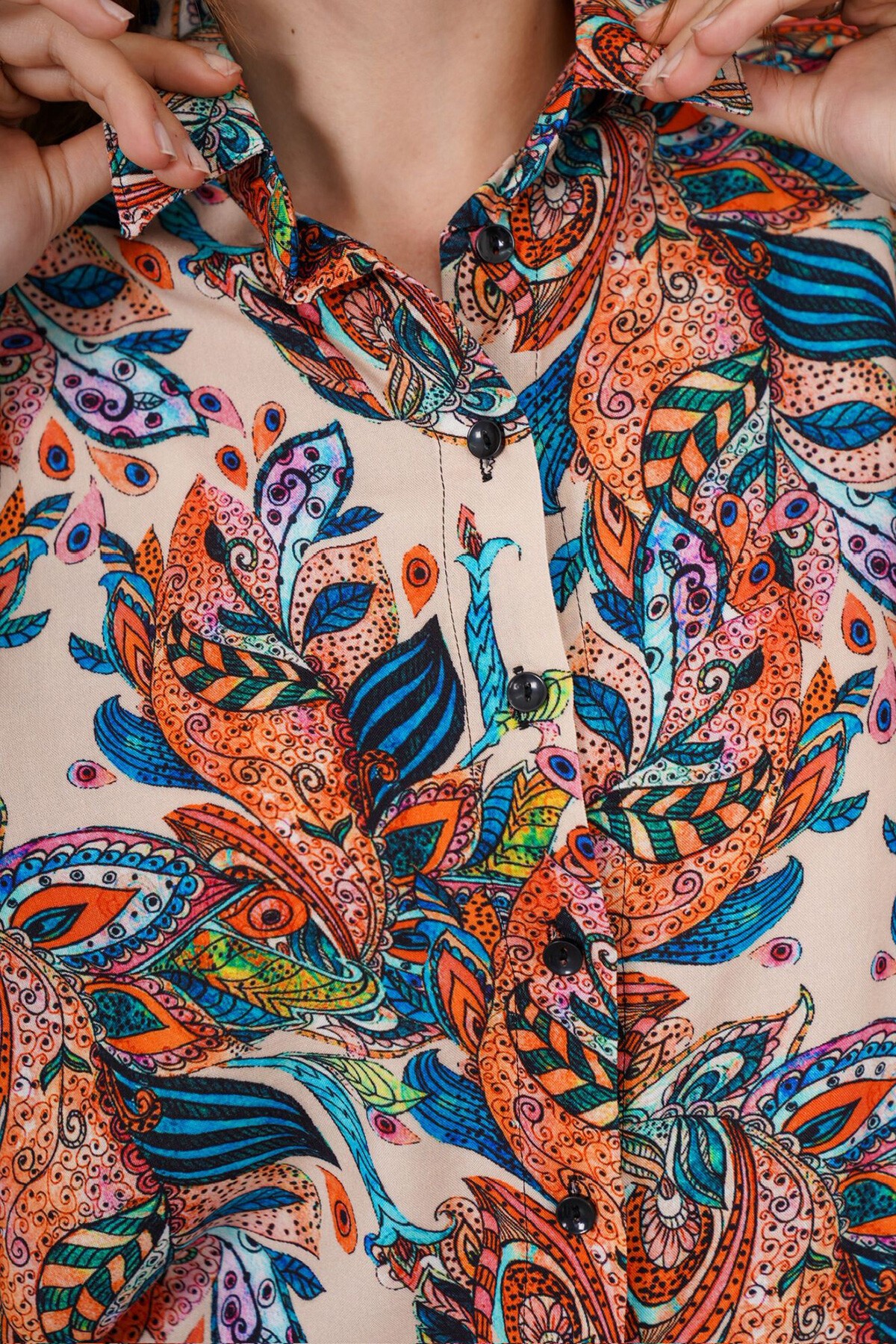 Turuncu-Mavi Desenli Oversize Gömlek Ve Bağcıklı Palazzo Pantolon Takım