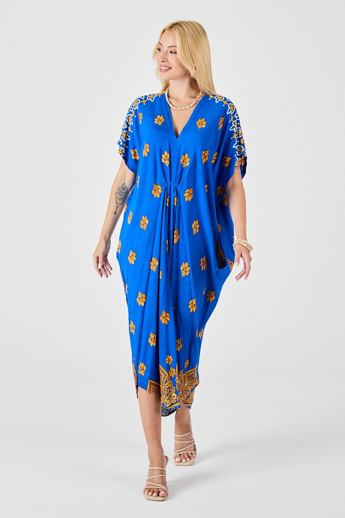 Saks Desenli V Yaka Salaş Kesim Kaftan Elbise