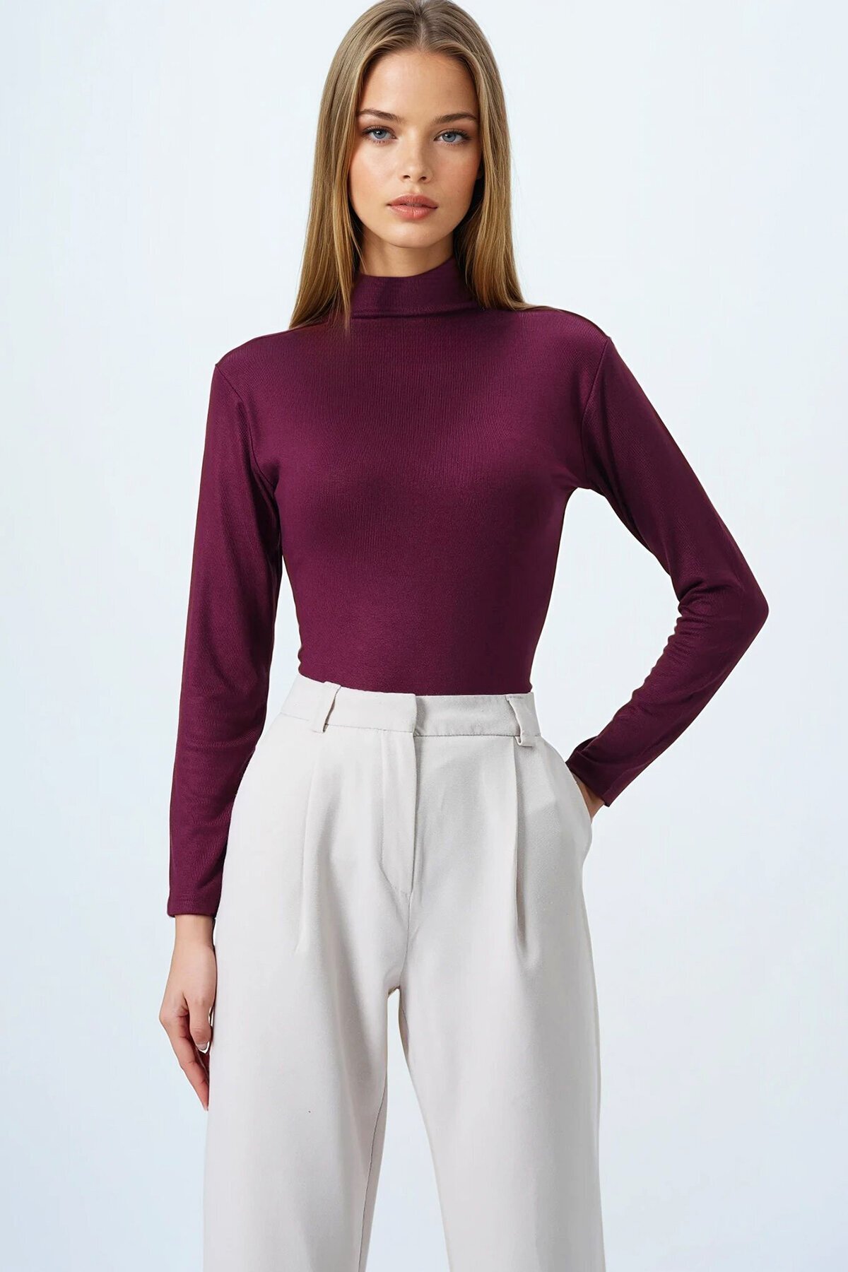 Bordo Dik Yaka Pamuklu Likralı Basic Bluz