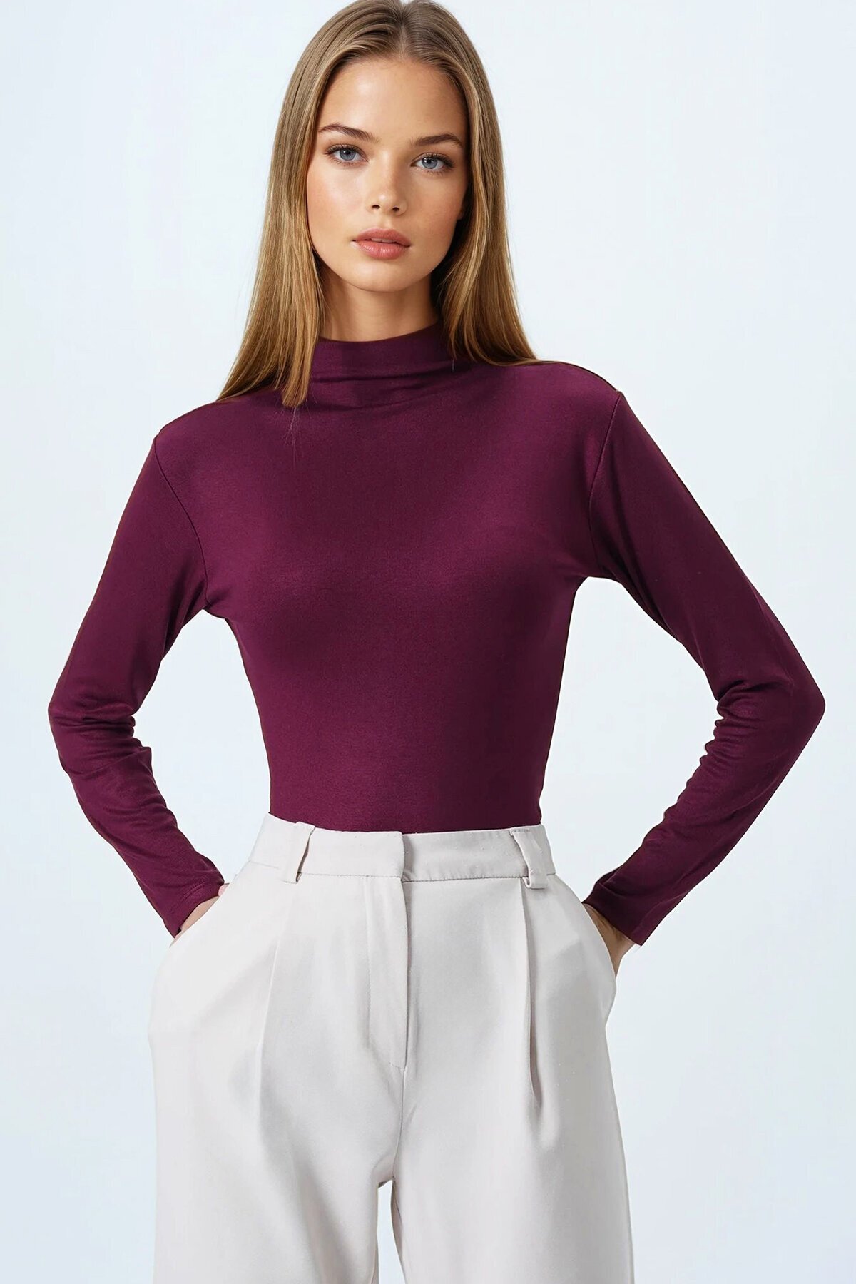 Bordo Dik Yaka Pamuklu Likralı Basic Bluz