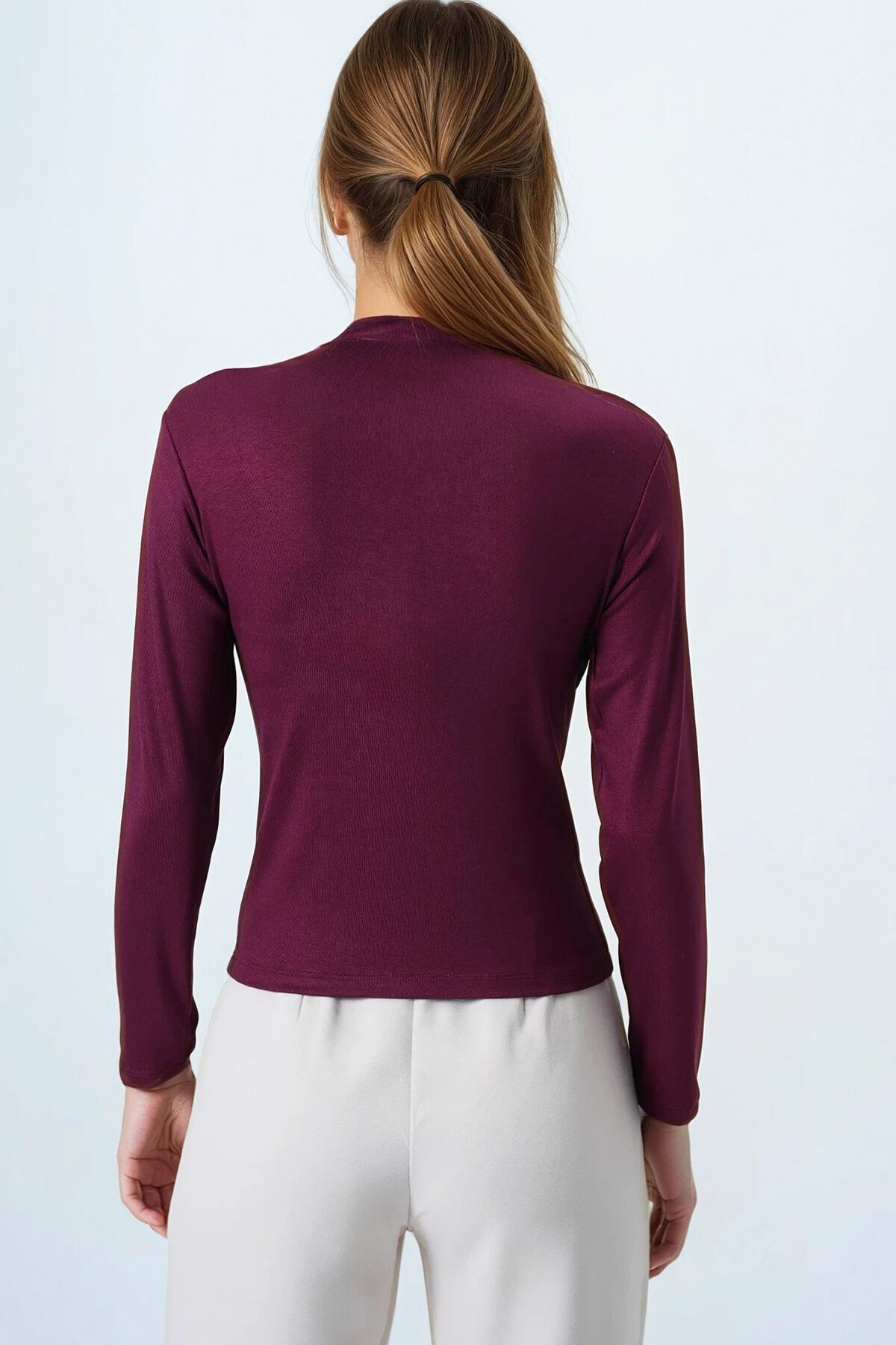 Bordo Dik Yaka Pamuklu Likralı Basic Bluz