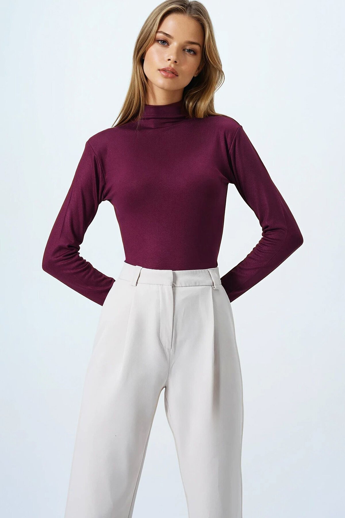 Bordo Dik Yaka Pamuklu Likralı Basic Bluz