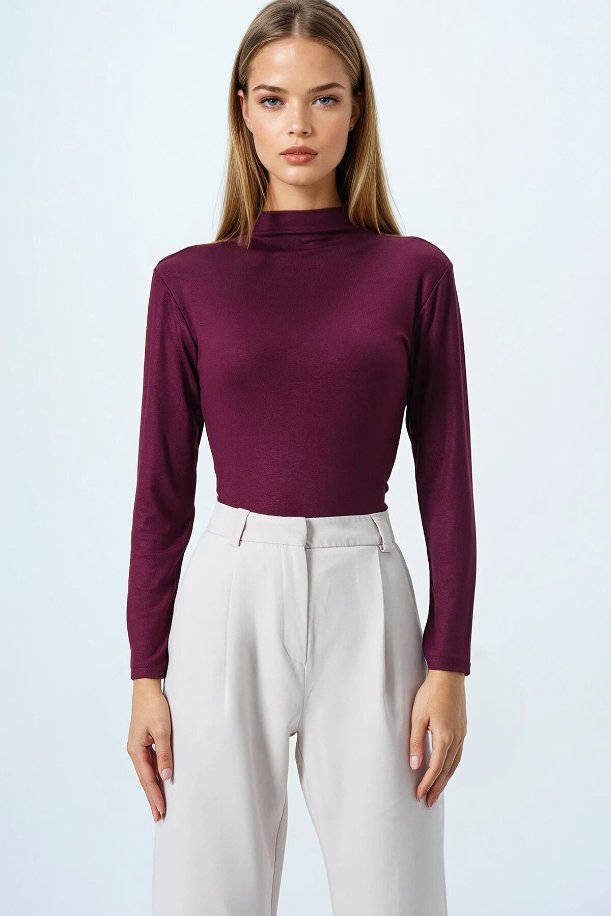 Bordo Dik Yaka Pamuklu Likralı Basic Bluz