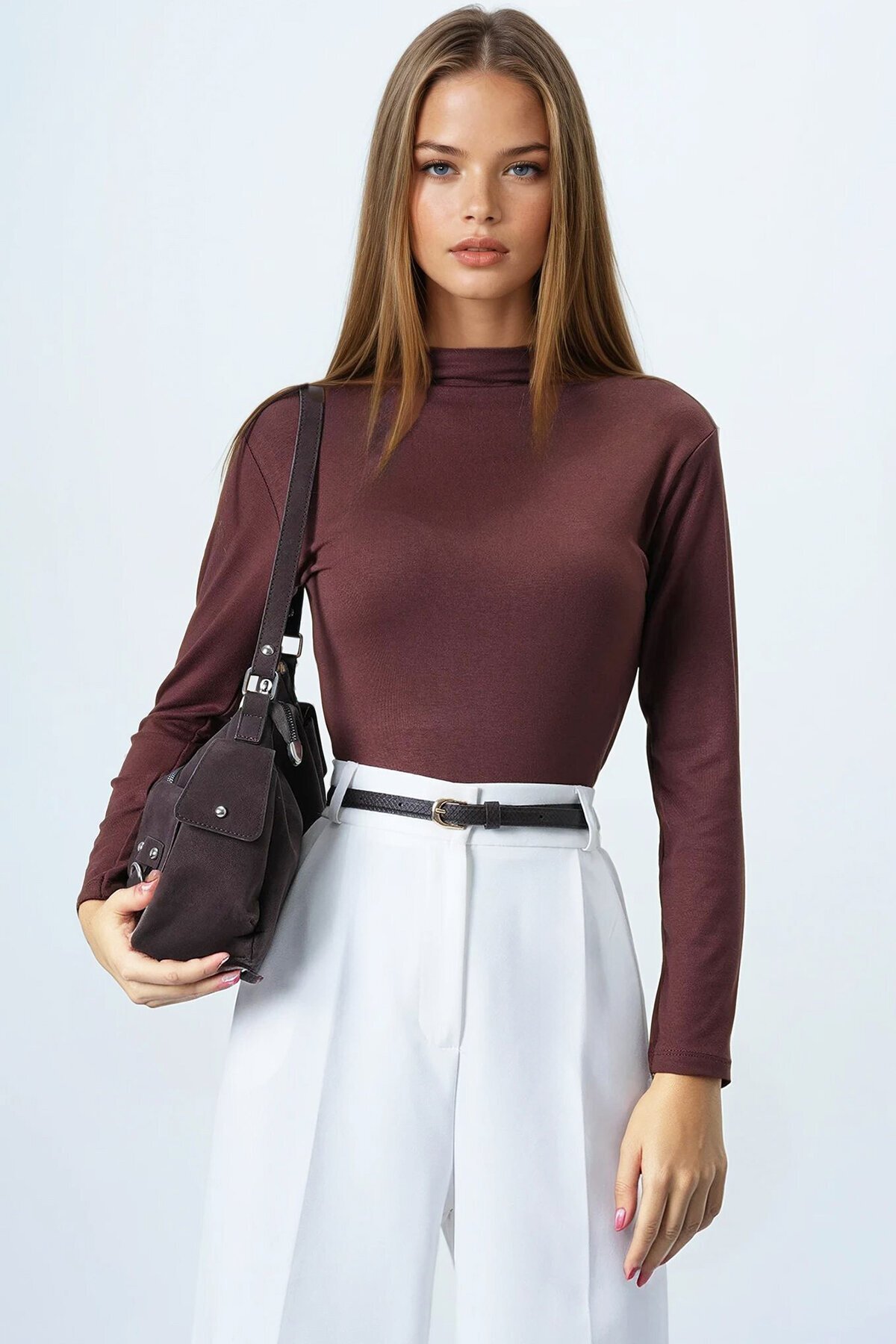 Kahverengi Dik Yaka Pamuklu Likralı Basic Bluz